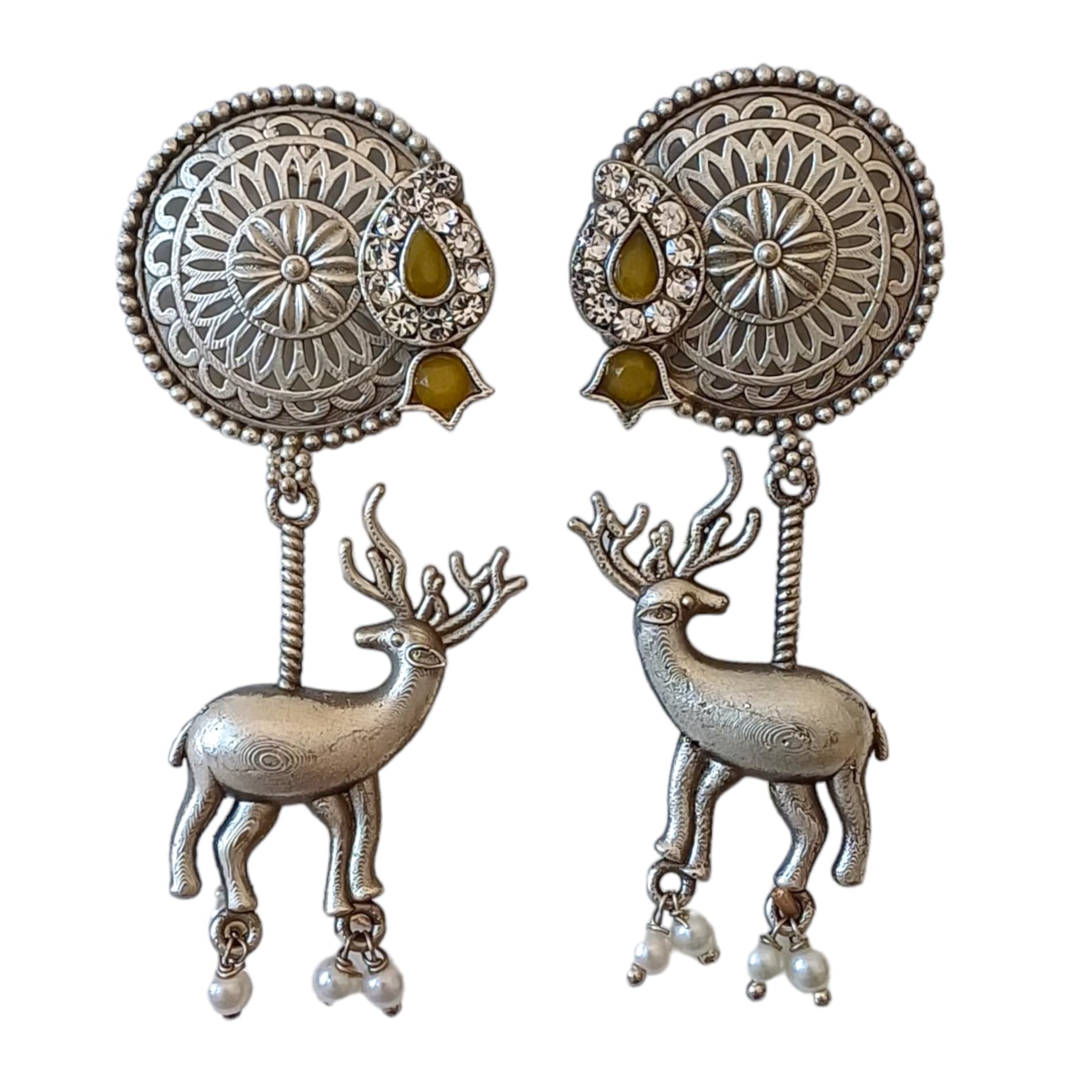 JEWILLEY Unique Deer Design Light Weight Silver Plated Monalisa Stone Drop Jhumka Earrings | Traditional German Silver Oxidised Jhumka For Womens & Girls (Yellow) (B0D677YYSJ) Amazon Price History, Amazon Price Tracker