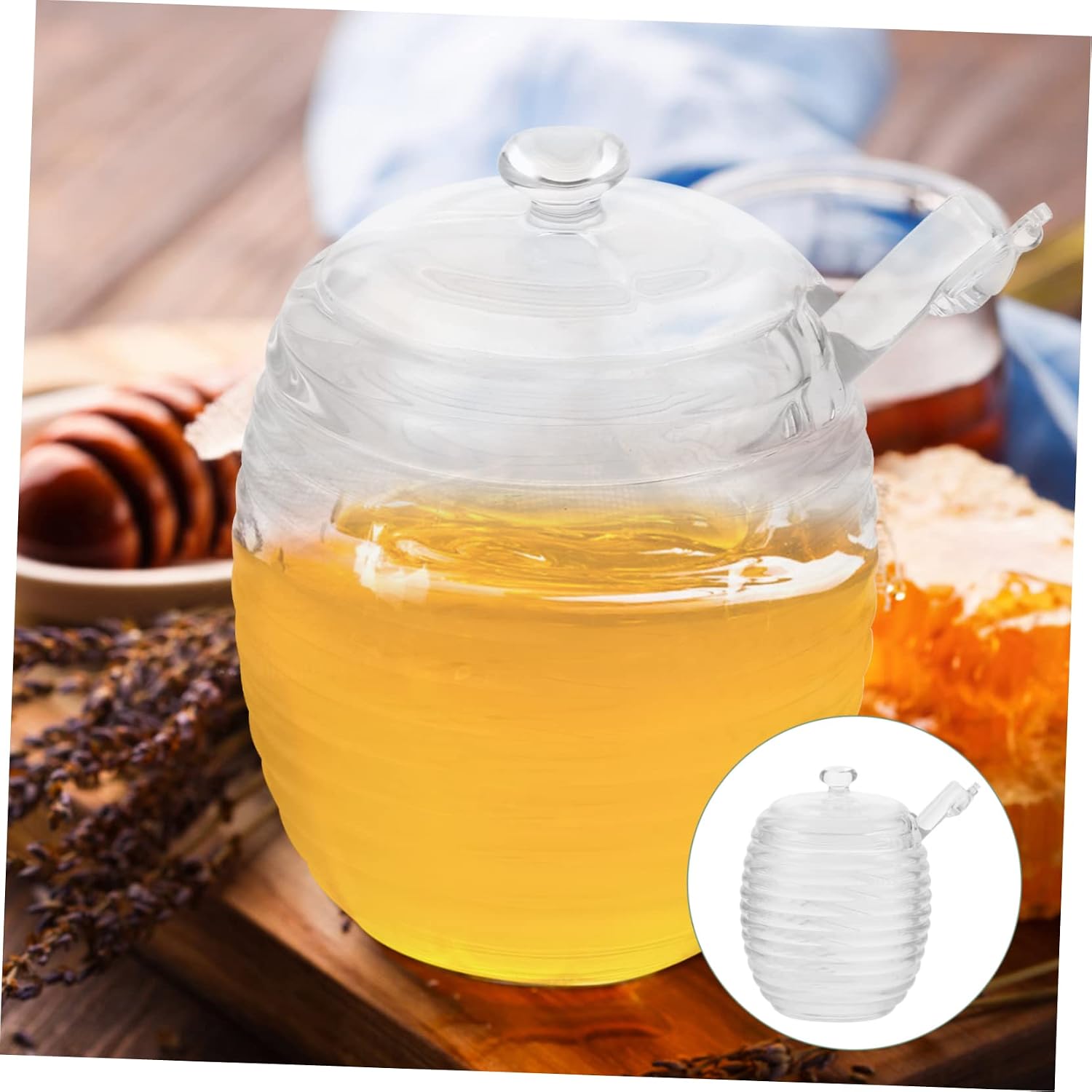 Ciieeo Glass Honey Jar Stirrer Honey Dispenser Lids Pot for Home Kitchen Decor