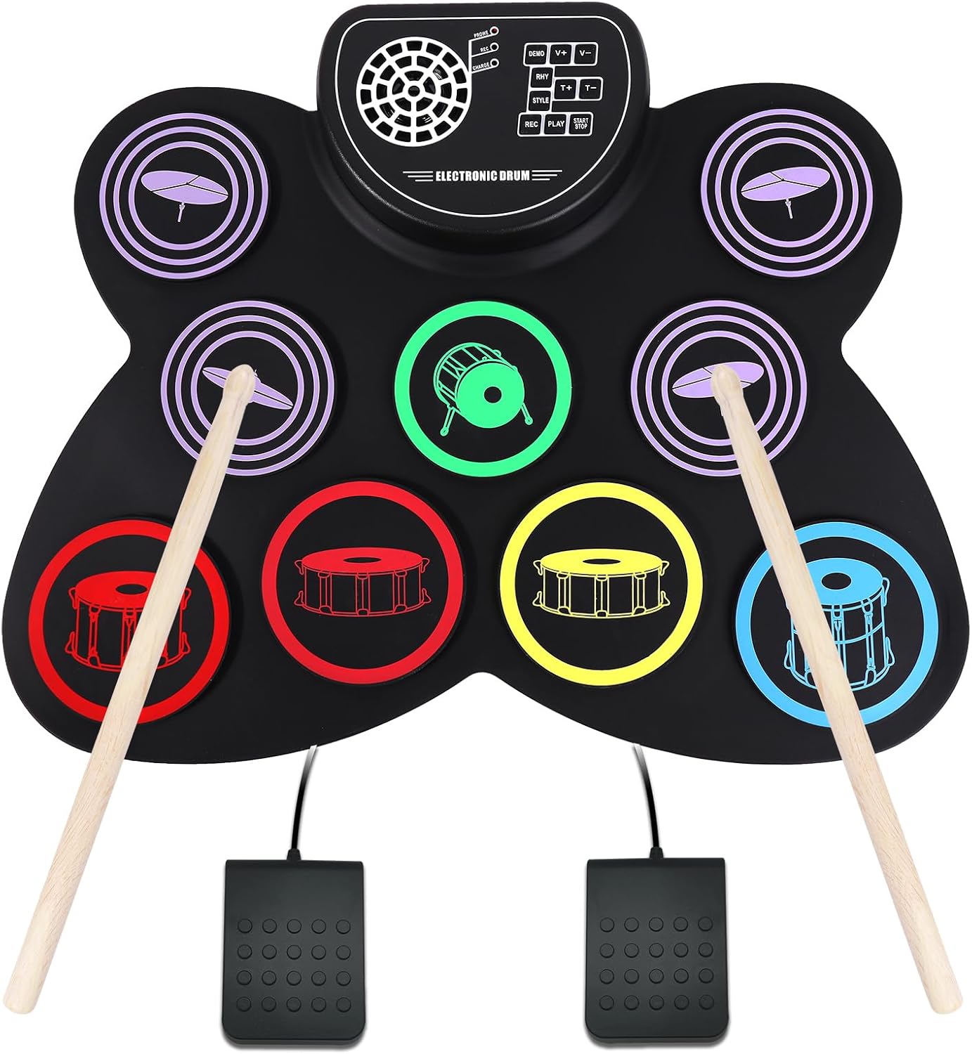 CNAPXAIA Electronic Drum Set with 9 pads, two drumsticks, and two foot pedals. The main unit has a speaker and control buttons.