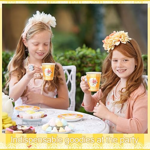 Miniatura 6 de 100 piezas de decoración de fiesta de té, incluye 50 tazas de té desechables de papel para fiesta de flores y 50 platos, tazas de té y platillos de