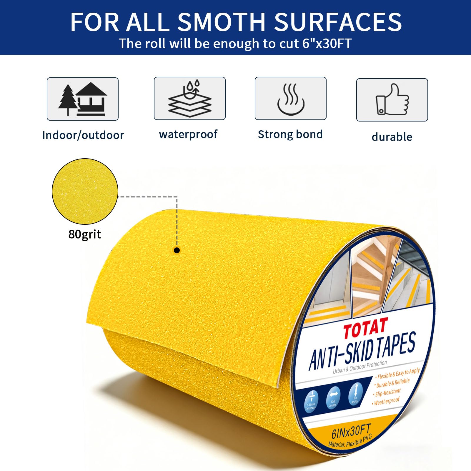 Cinta antideslizante de 6 pulgadas x 30 pies, cinta de tracción de seguridad de PVC amarillo para escaleras, escalones, rampas, bañeras, adhesivo de agarre para interiores y exteriores