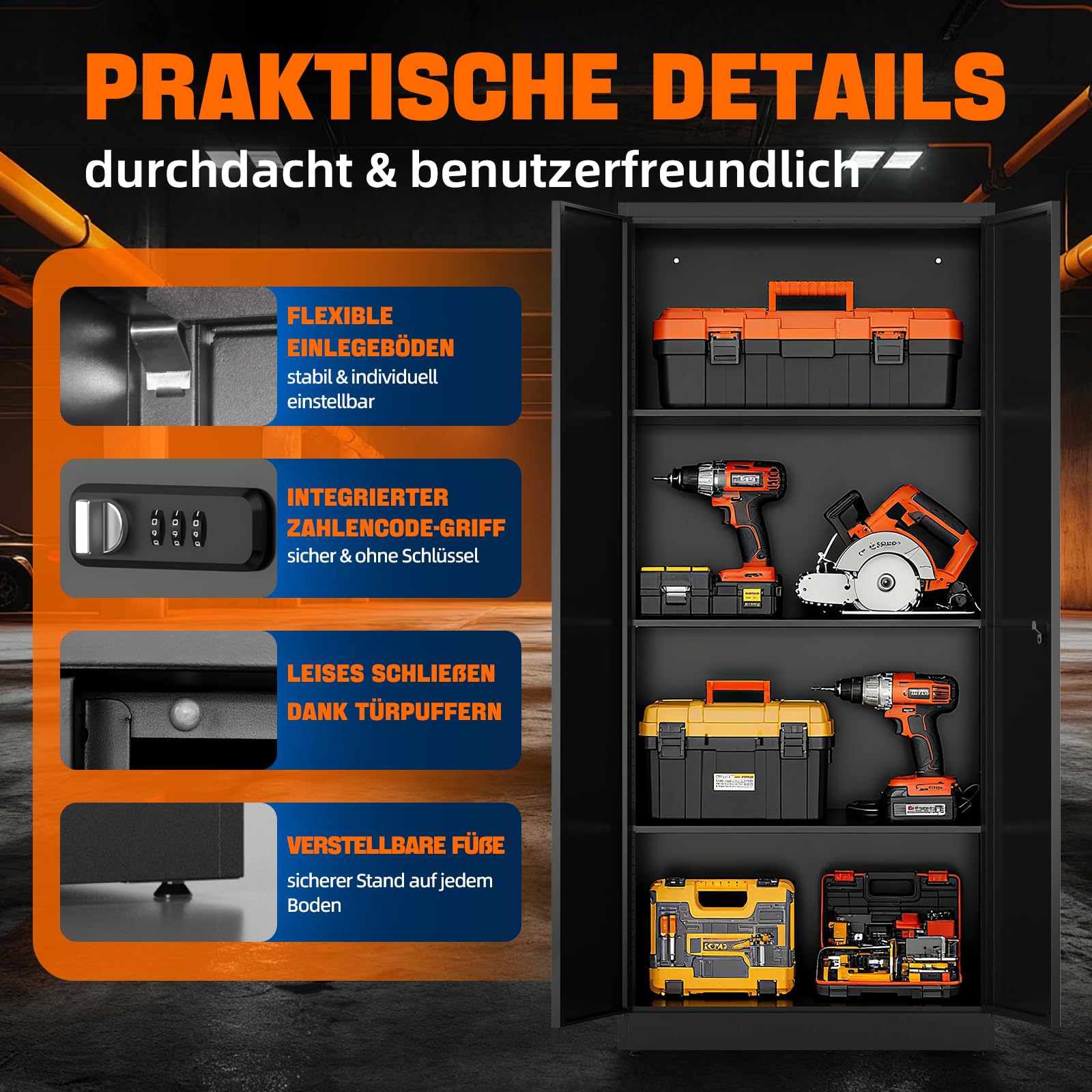 Aufbewahrungsschrank mit 2 Türen, Stahlspind, Abschließbarer Metallschrank mit Zahlenschloss, Verstellbare Regale, 180x80x40 cm, Mehrzweckschrank für Büro Garage & Haushalt, Schwarz