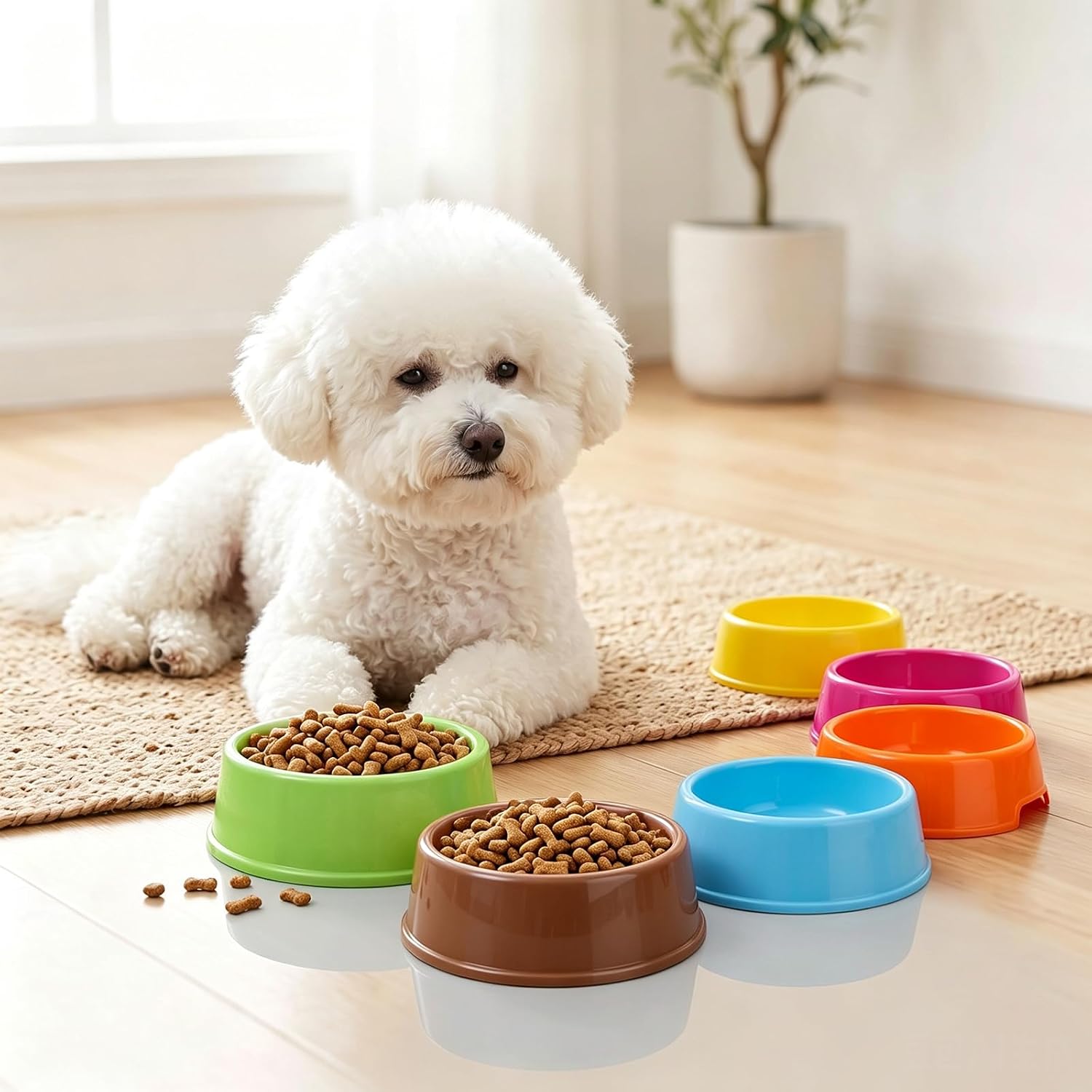6 Pack Mixed Colors Pet Bowl Set, Dog Cat Food and Water Dishes, Puppy Kitten Feeding Bowls, Non-Slip Stackable Lightweight Easy Clean Design, for Indoor Daily Use