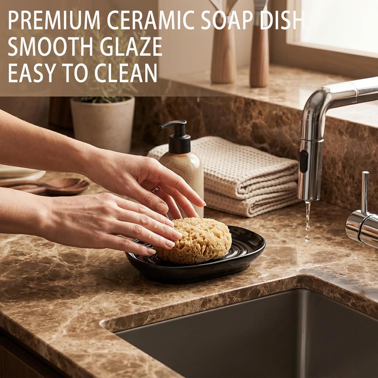 Ceramic Soap Dish, Modern Black Bar Soap Holder for Shower & Bathroom, Easy to Clean Oval Sponge Tray for Kitchen Sink, Jewelry & Small Items