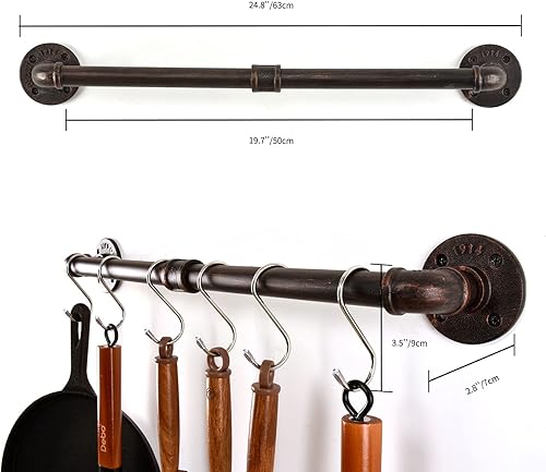 Miniatura 2 de Estante para ollas de tubería, soporte industrial para tapa de utensilios de cocina, organizador de cocina, barra colgante con ganchos en S (36