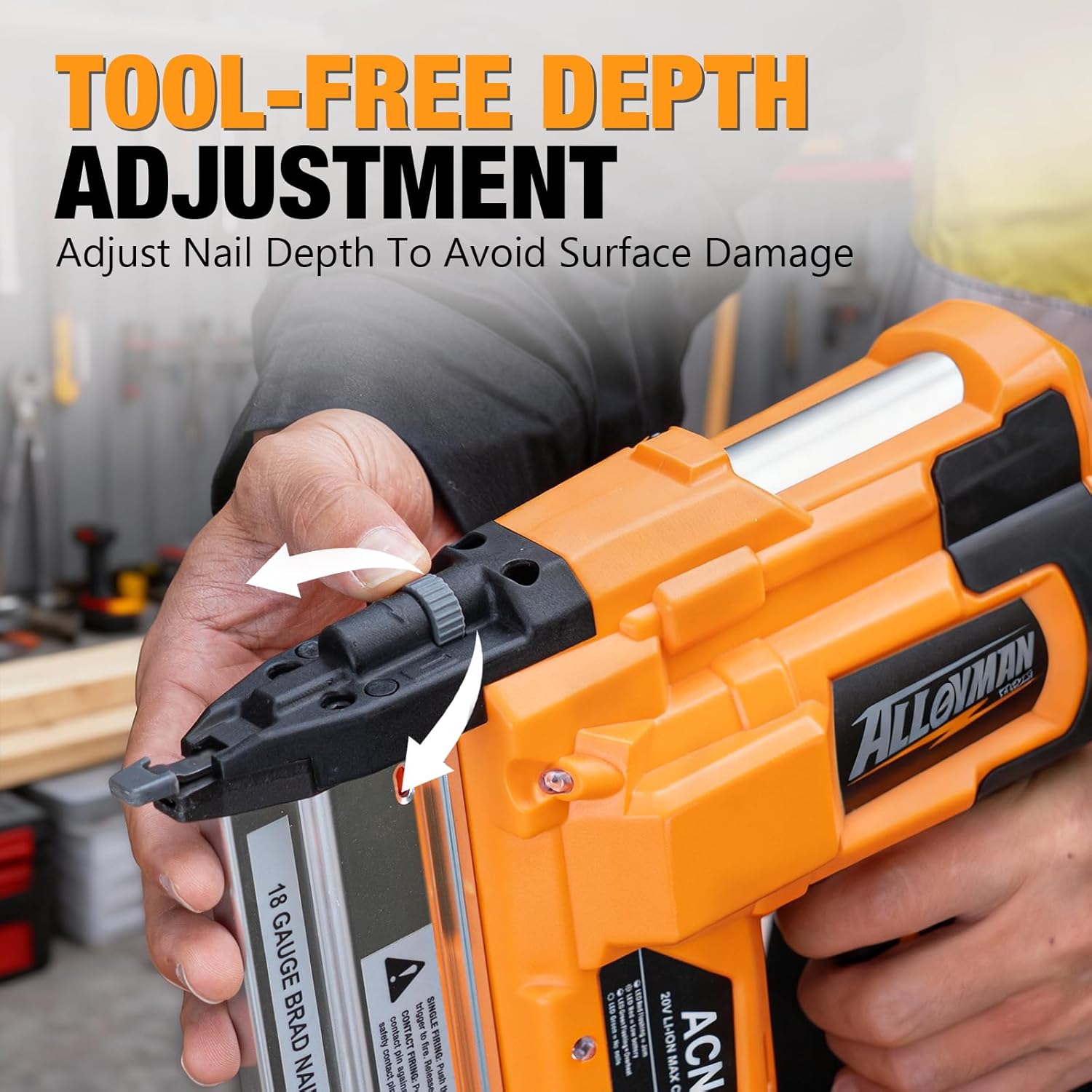 ALLOYMAN 20V 18GA Cordless Brad Nailer, with 2 * 2.0Ah Battery & Charger, Nail Gun Battery Powered, Up to 2 Inch, 2 Firing Modes, Adjustable Depth, 1000pcs Nails Included for Upholstery & Woodworking - Image 5