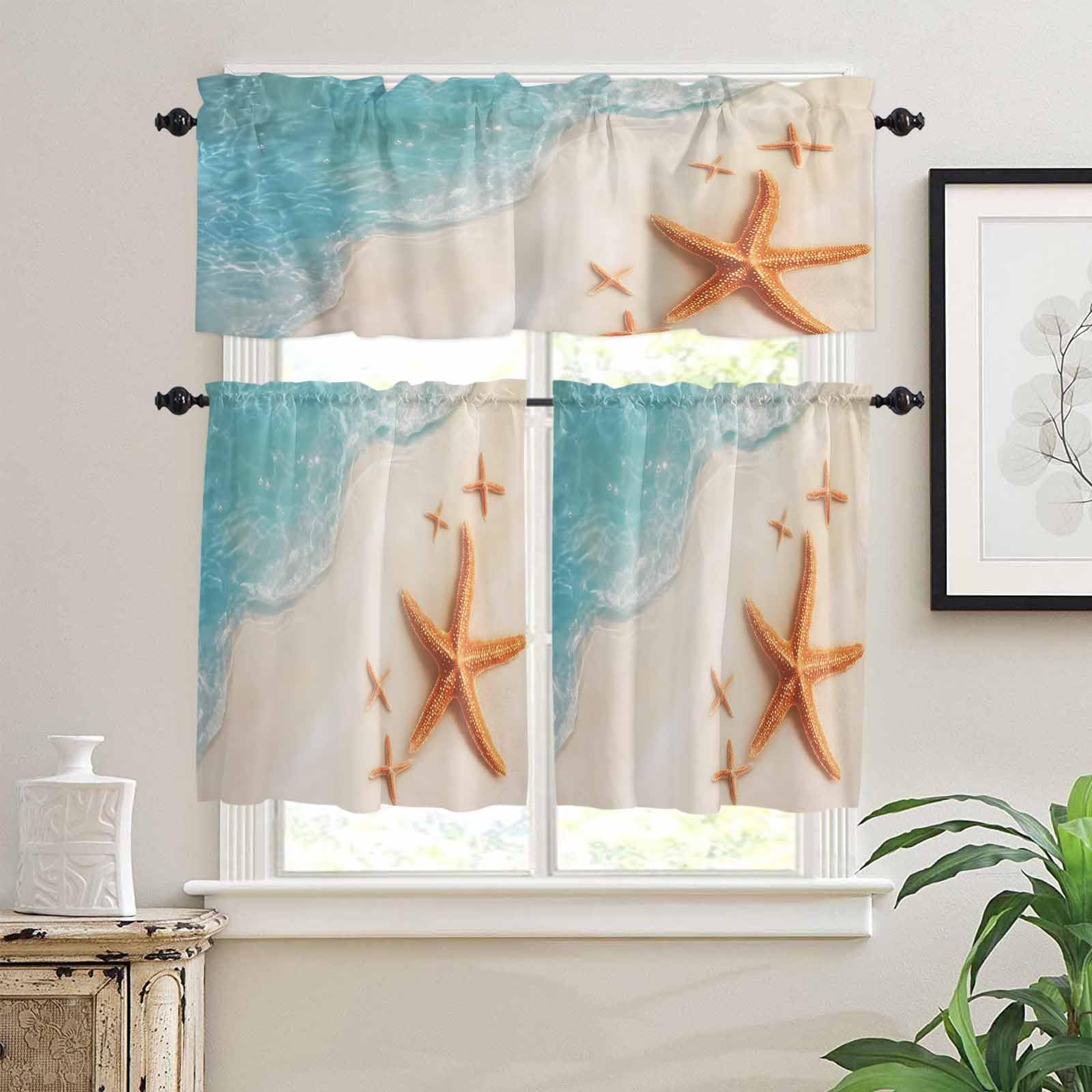 Starfish Kitchen Curtains 24 Inch Length, 3 Piece Rod Pocket Small Half Tiers and Valance Set, Coastal Ocean Beach Sand Seashore Waves Small Large Window Treatment Decor for Bedroom/Bathroom Sink