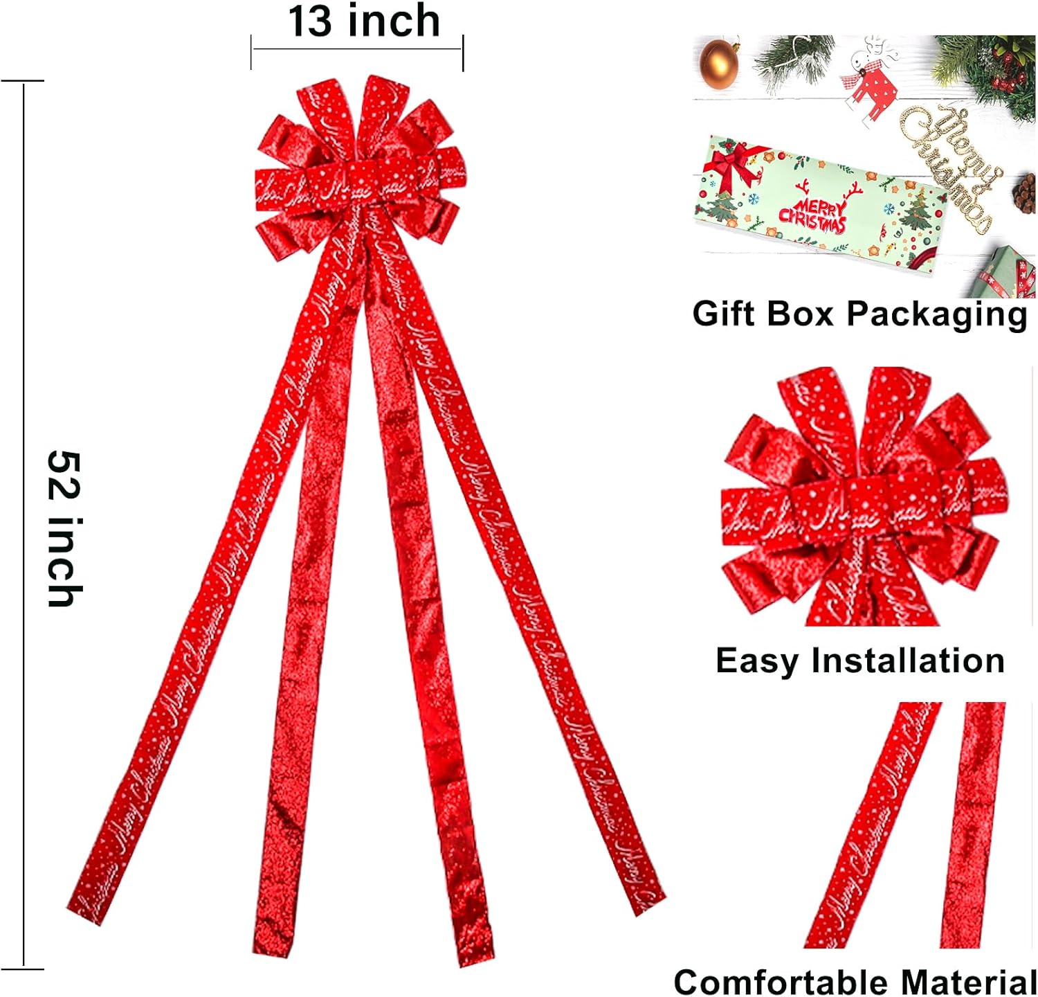 Christmas Tree Topper Christmas Wreath Bow, 52 * 13 inches Tree Toppers Bow with Letter Patterned Ribbon for Xmas Tree Christmas Rustic Farmhouse Home Holiday Party Decorations Red - Image 2