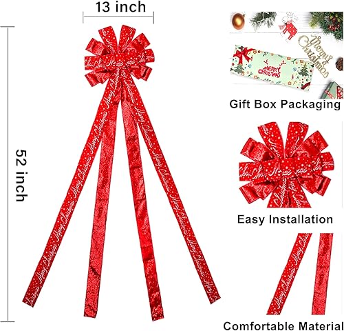 Vista 20 de Decoración para árbol de Navidad, lazo de corona de Navidad, 45 x 12 pulgadas, arpillera grande con borde de poliéster blanco y rojo, lazo de regalo