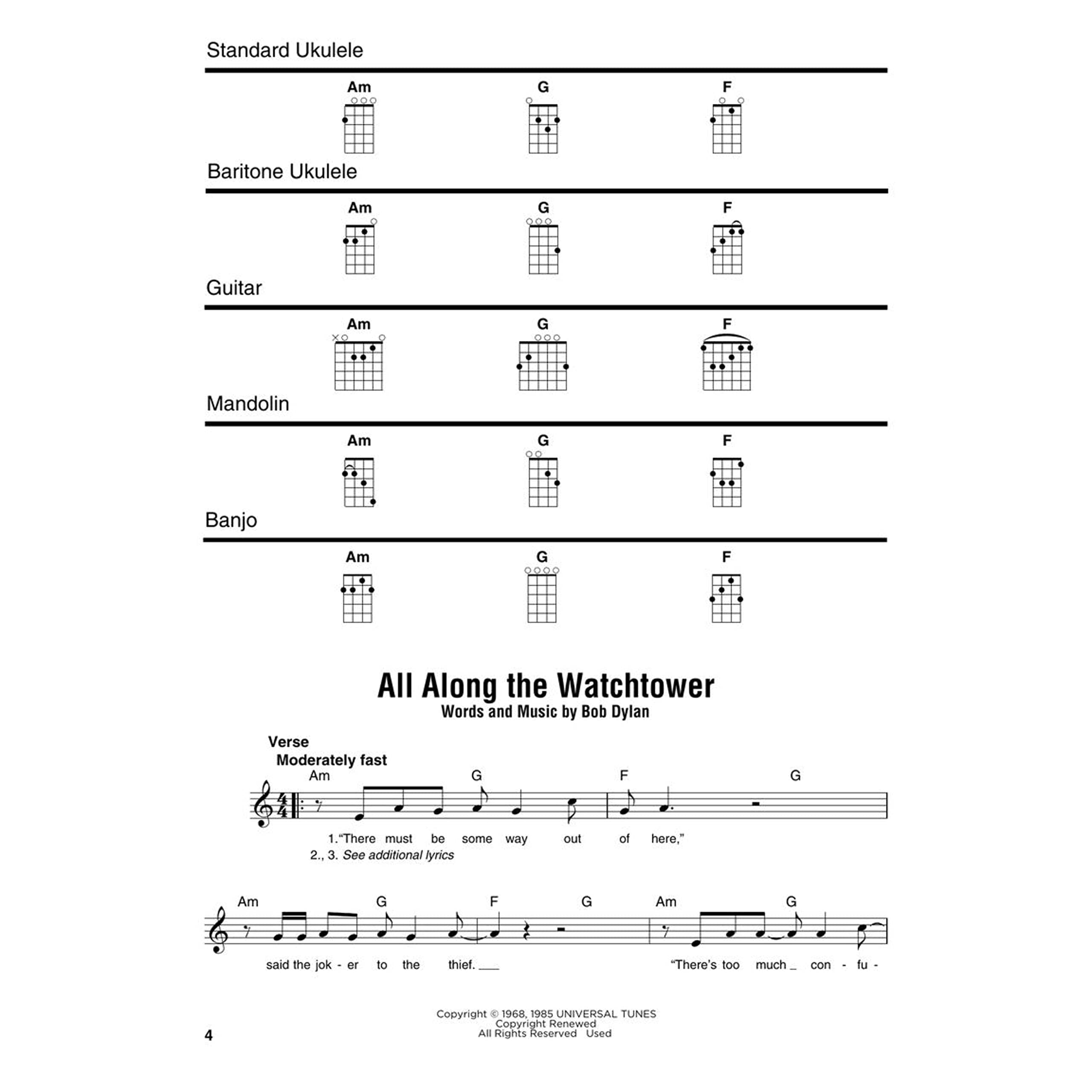 Bob Dylan: 47 Songs With Lyrics, Melody Lines, and Chord Frames for Standard Ukulele, Baritone Ukulele, Guitar, Mandolin, and Banjo