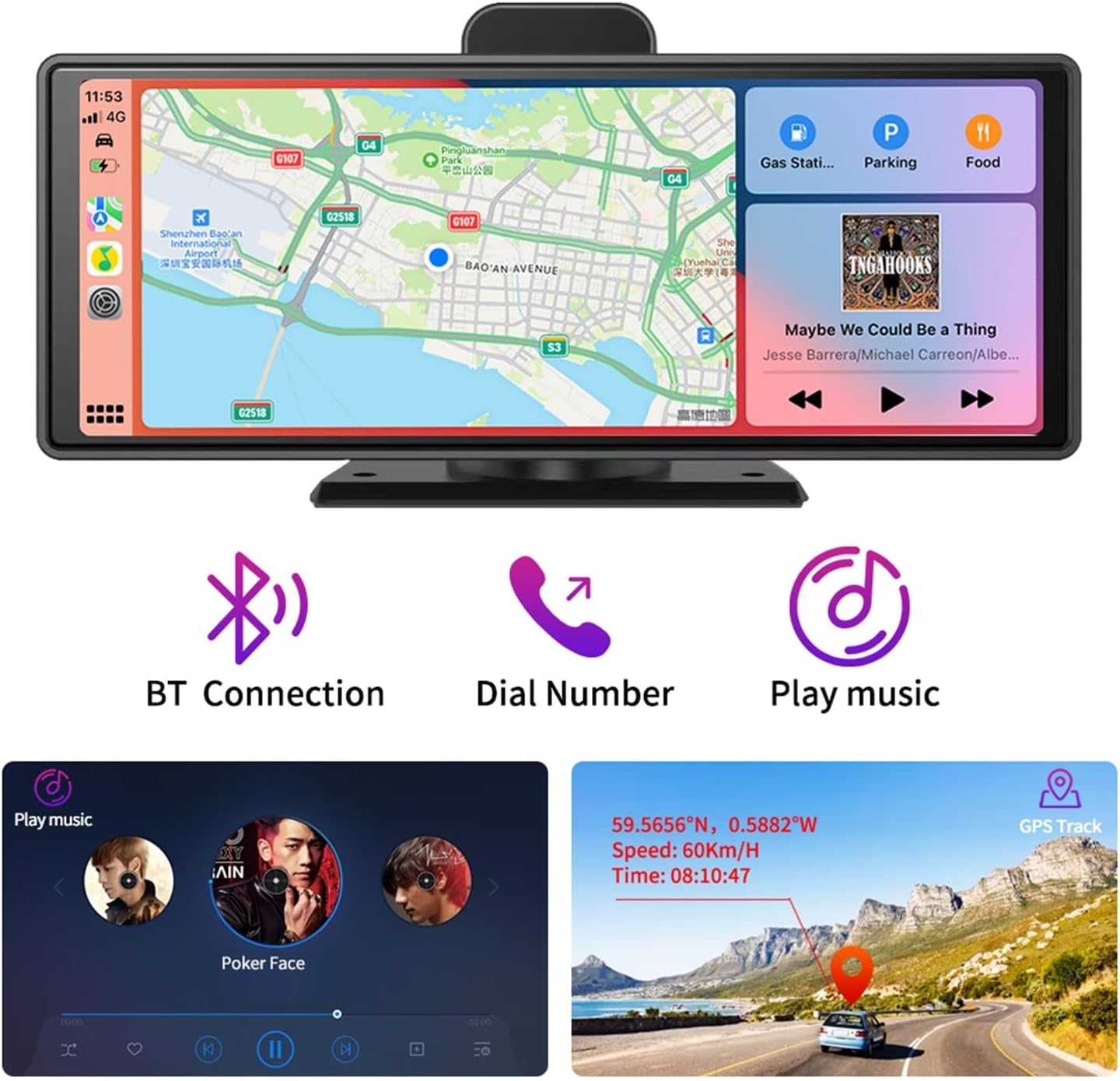 Screen showing GPS map, music playback interface, and icons for Bluetooth connection, dial number, and play music.