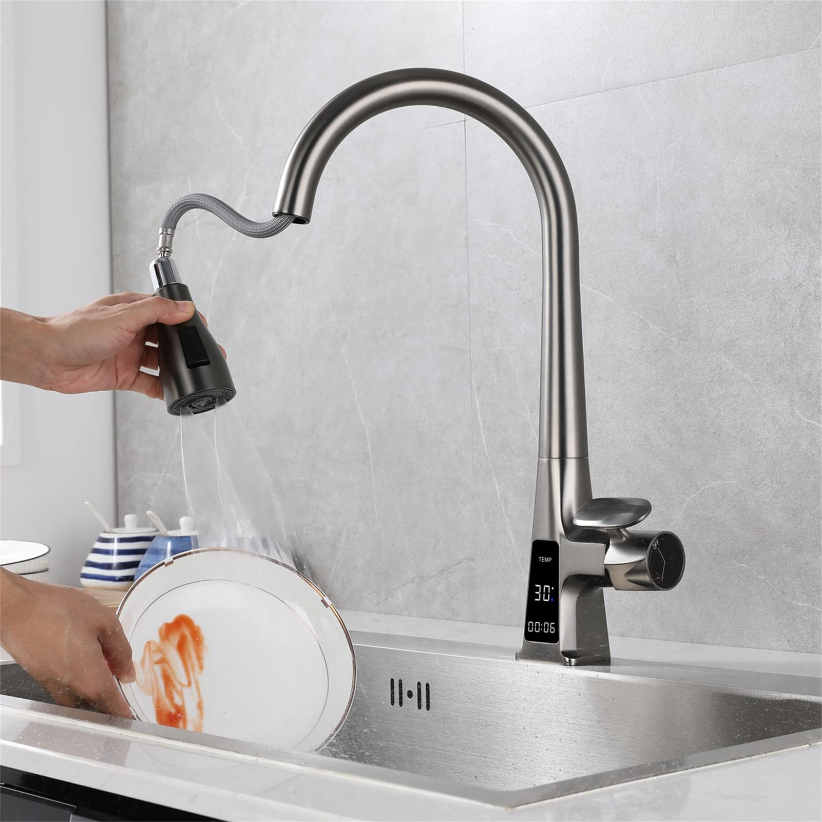 Grifo de Cocina extraíble, Monomando, función Dual, con Sensor de Agua fría y Caliente, telescópico, Mezclador para Fregadero de Cocina