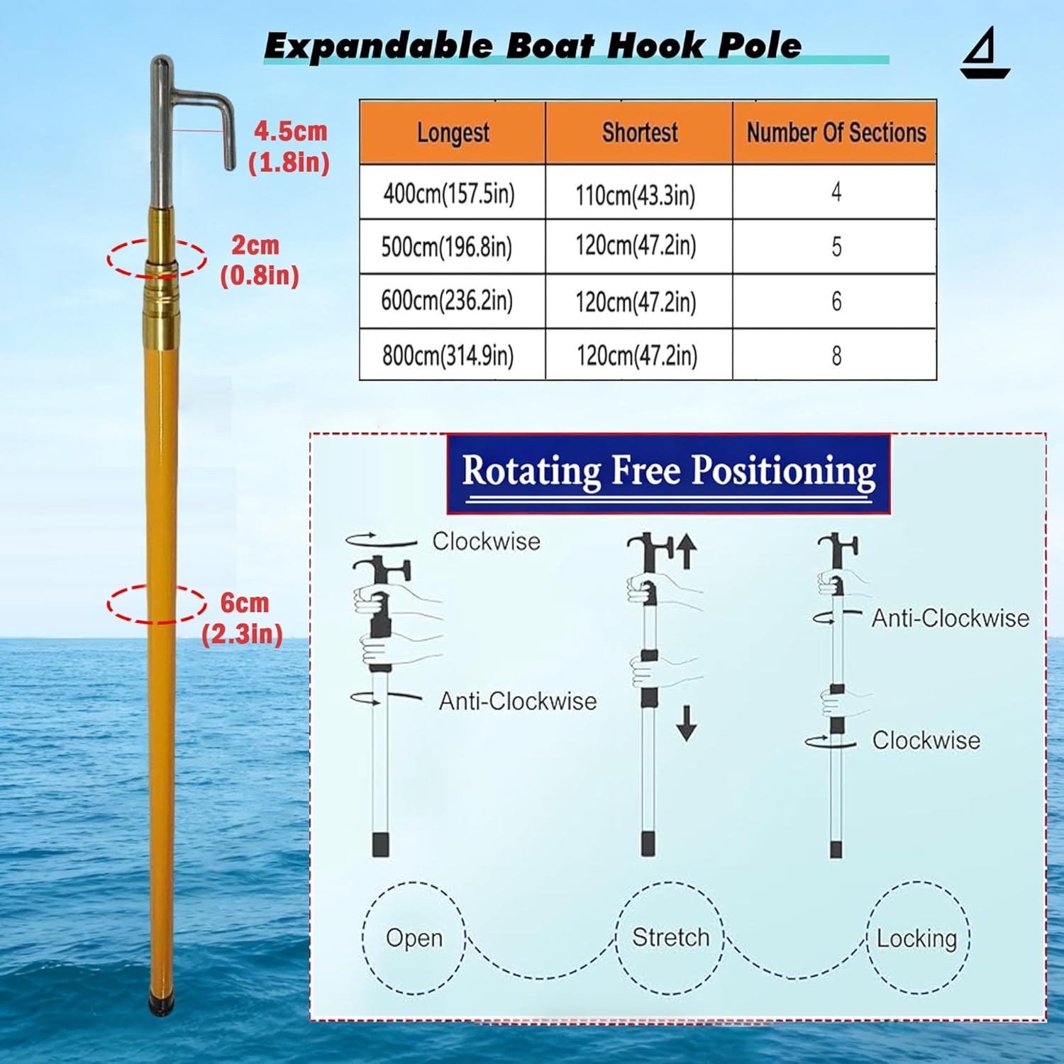 Telescopic Boat Hook for Docking, Lightweight Dock Pole, Docking Poles for Boats, Cargo Pushing and Pulling