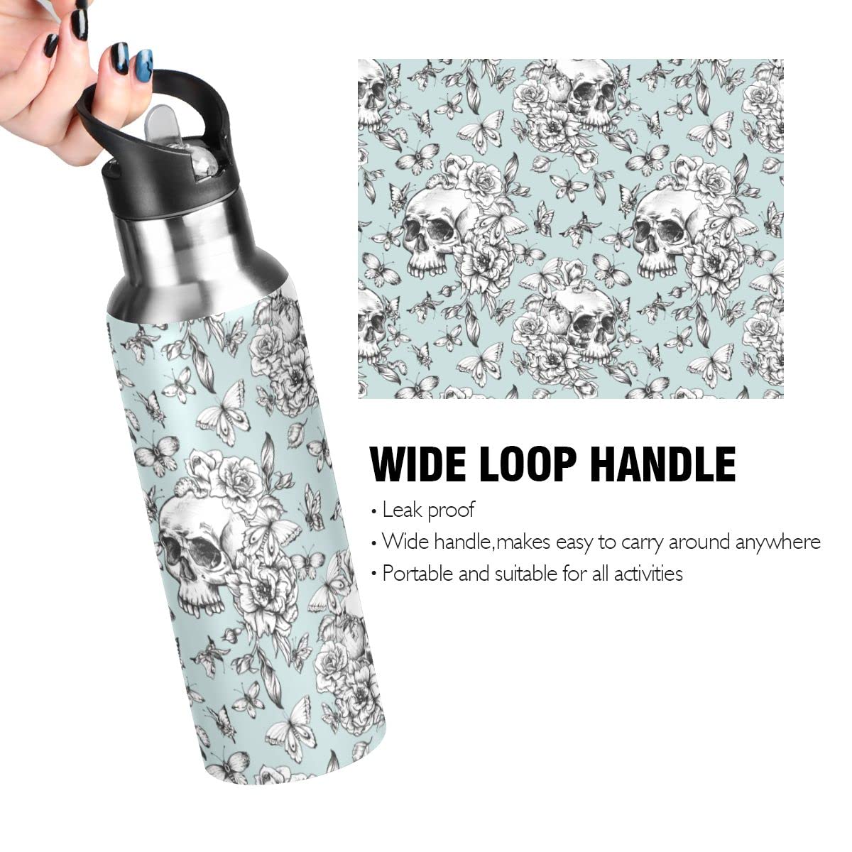 Edelstahl Wasserflasche mit Strohhalm, Vintage Goth Skull Isolierte Trinkflasche Sport Wasserflasche für Kinder Erwachsene, auslaufsicher, 1L