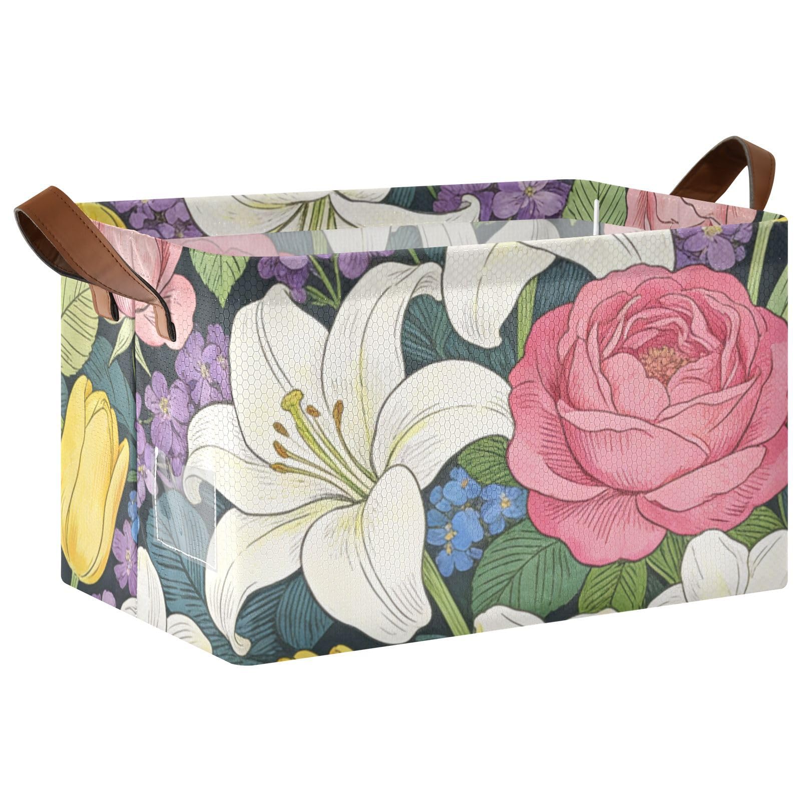 Cestas de almacenamiento rectangulares de lirio de rosas rosas, plegables, con asas, cubos de almacenamiento para juguetes, libros y ropa, sala de estar