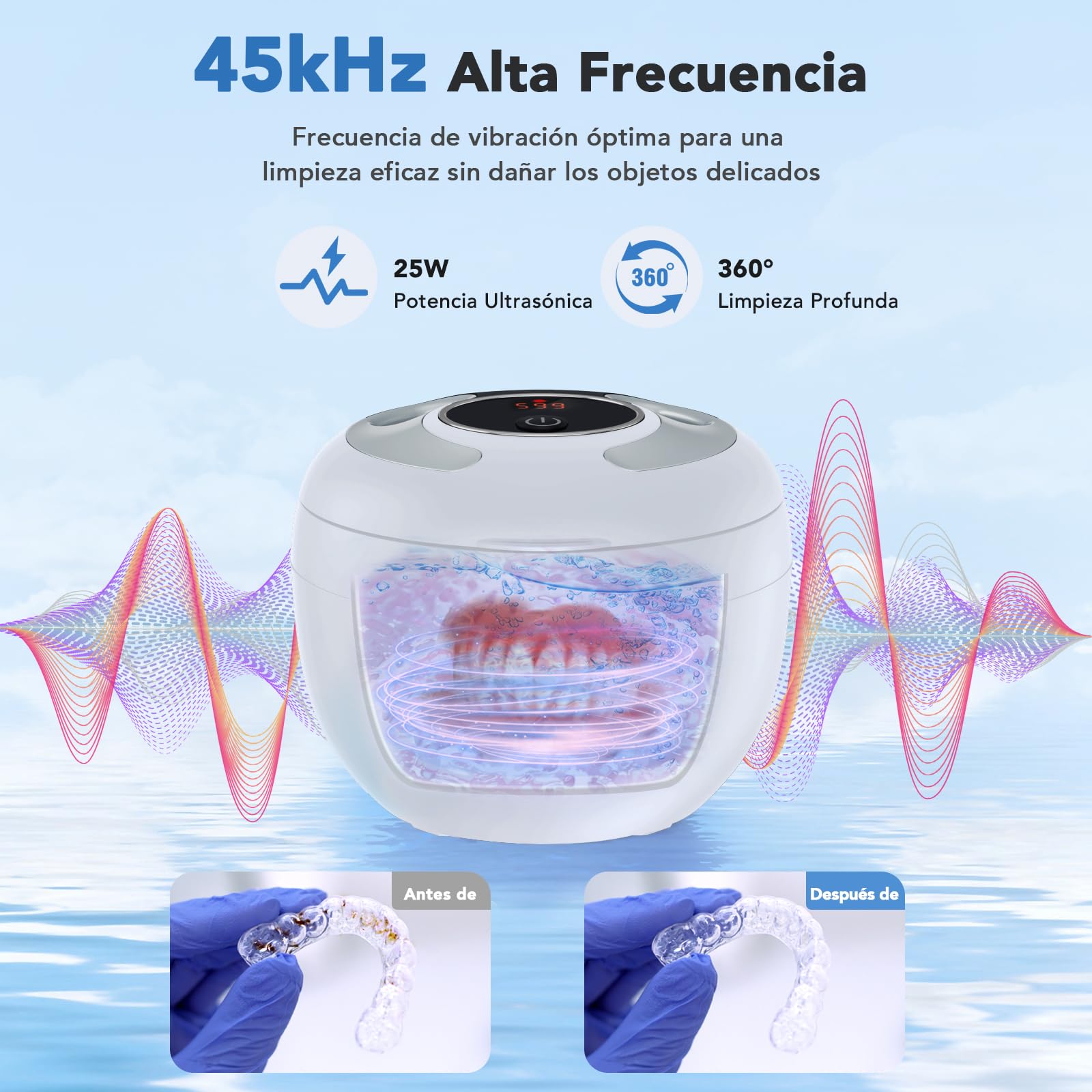 Accwork Limpiador Ultrasónico, 45 kHz Ultrasonic Cleaner, 4 modos de Limpieza, Acero Inoxidable 304, 200 ml Ultrasonidos Limpieza Dental para Aparato De, Retainer, Aligner, Blanco