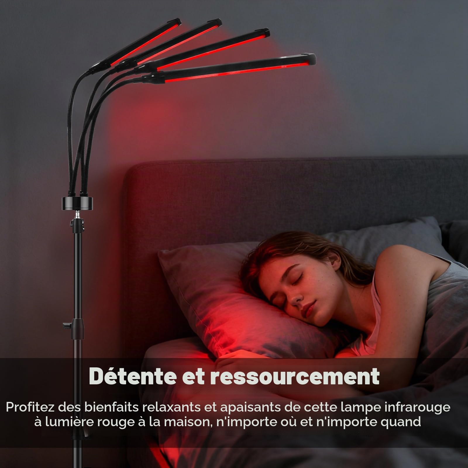 Lampe Rouge Infrarouge 660/850nm, 180 LED, 4 Têtes, Trépied | 180 LED triple puce, 4 têtes 360°, trépied rétractable, contrôle P1-P5 et arrêt auto 10/20/30 min