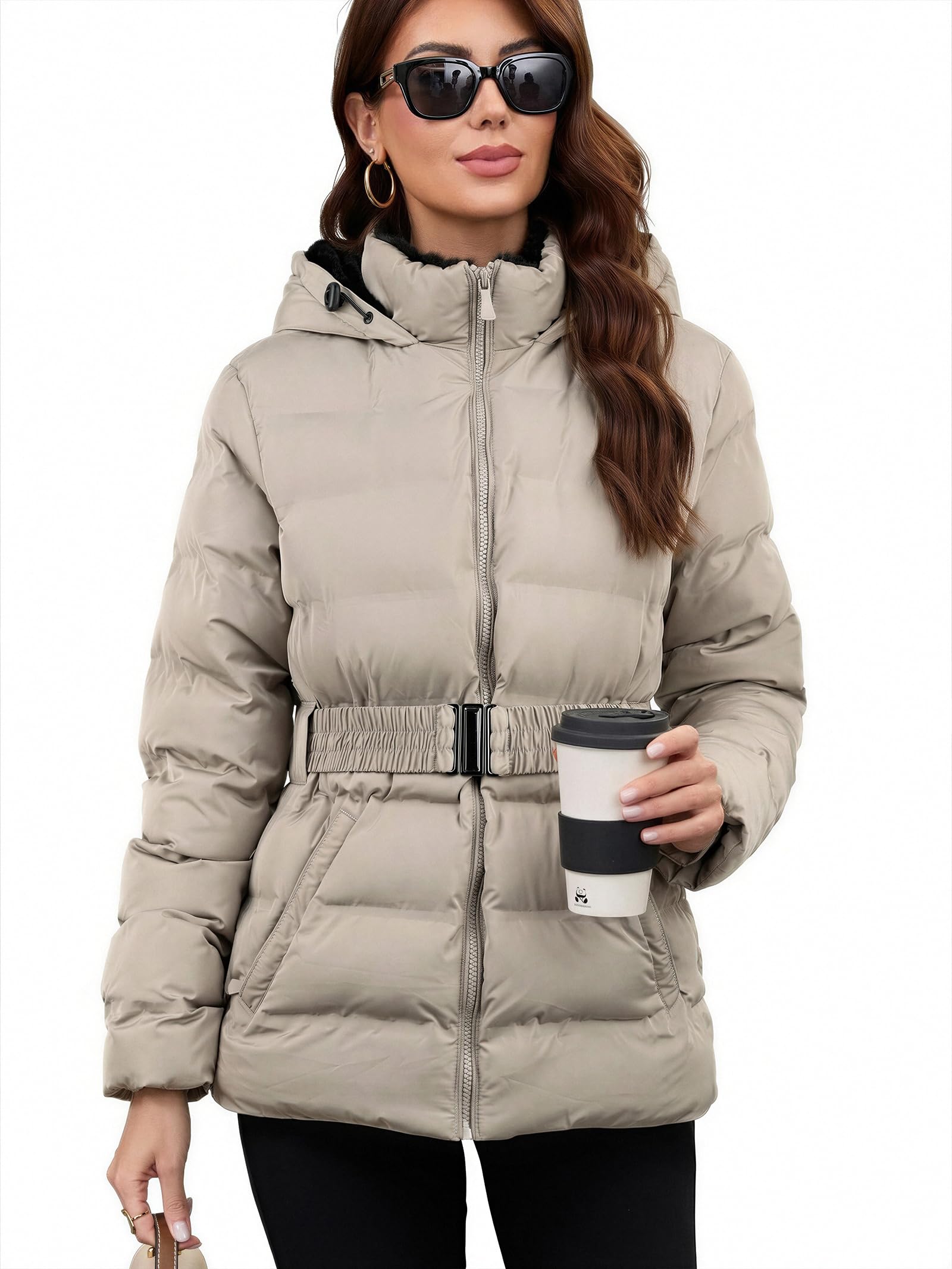 Women's Fleece-Lined Hooded Puffer Jacket Belted Quilted Coat