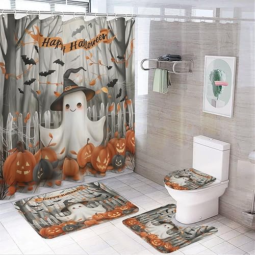 Juego de cortinas de ducha de Halloween, lindo fantasma, calabaza, murciélago, cortina de ducha para decoración de baño, cortina de ducha, alfombra