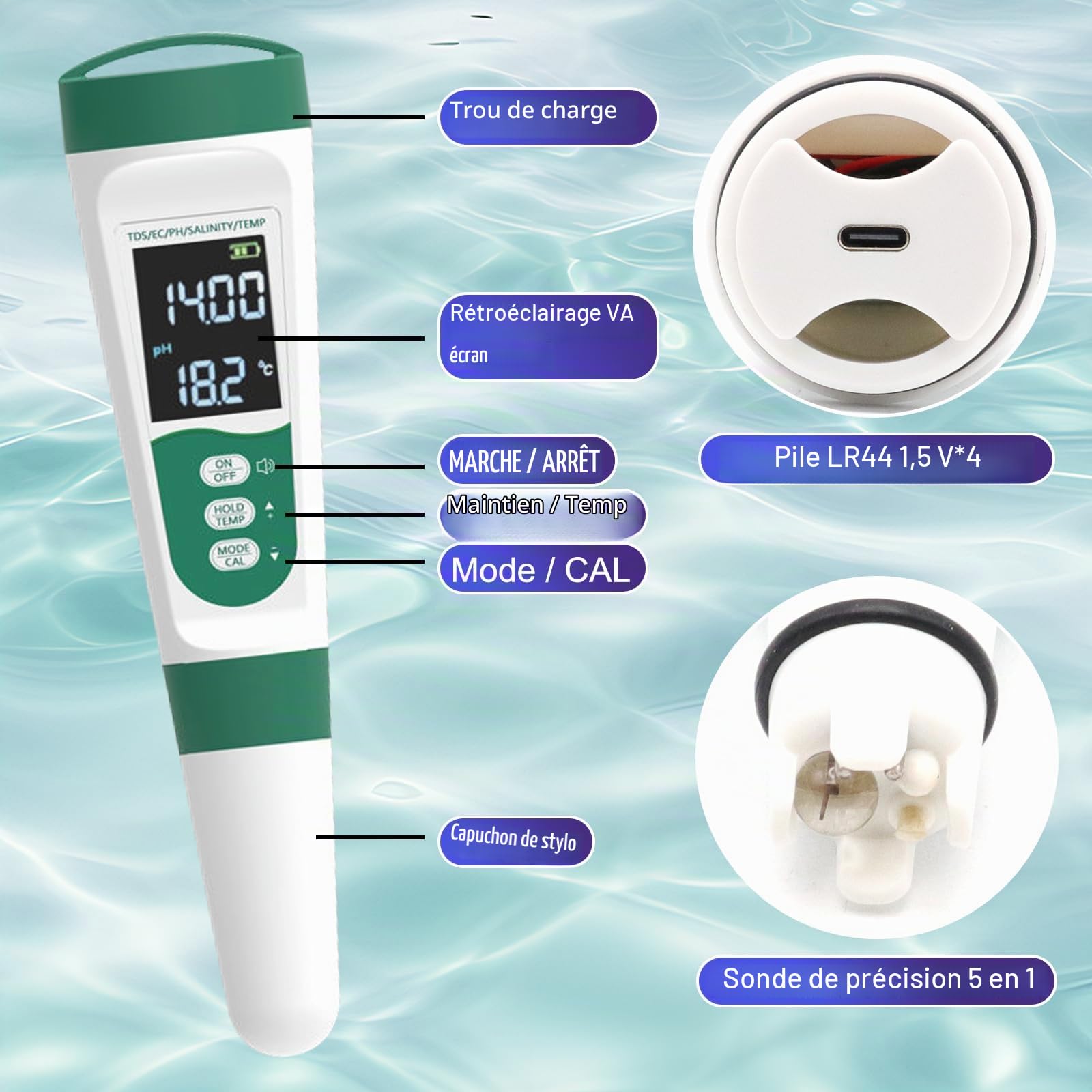 OBEST Testeur de Qualité de l'eau, pH/TDS/EC/Sel/Temp Testeur eau 5 en 1