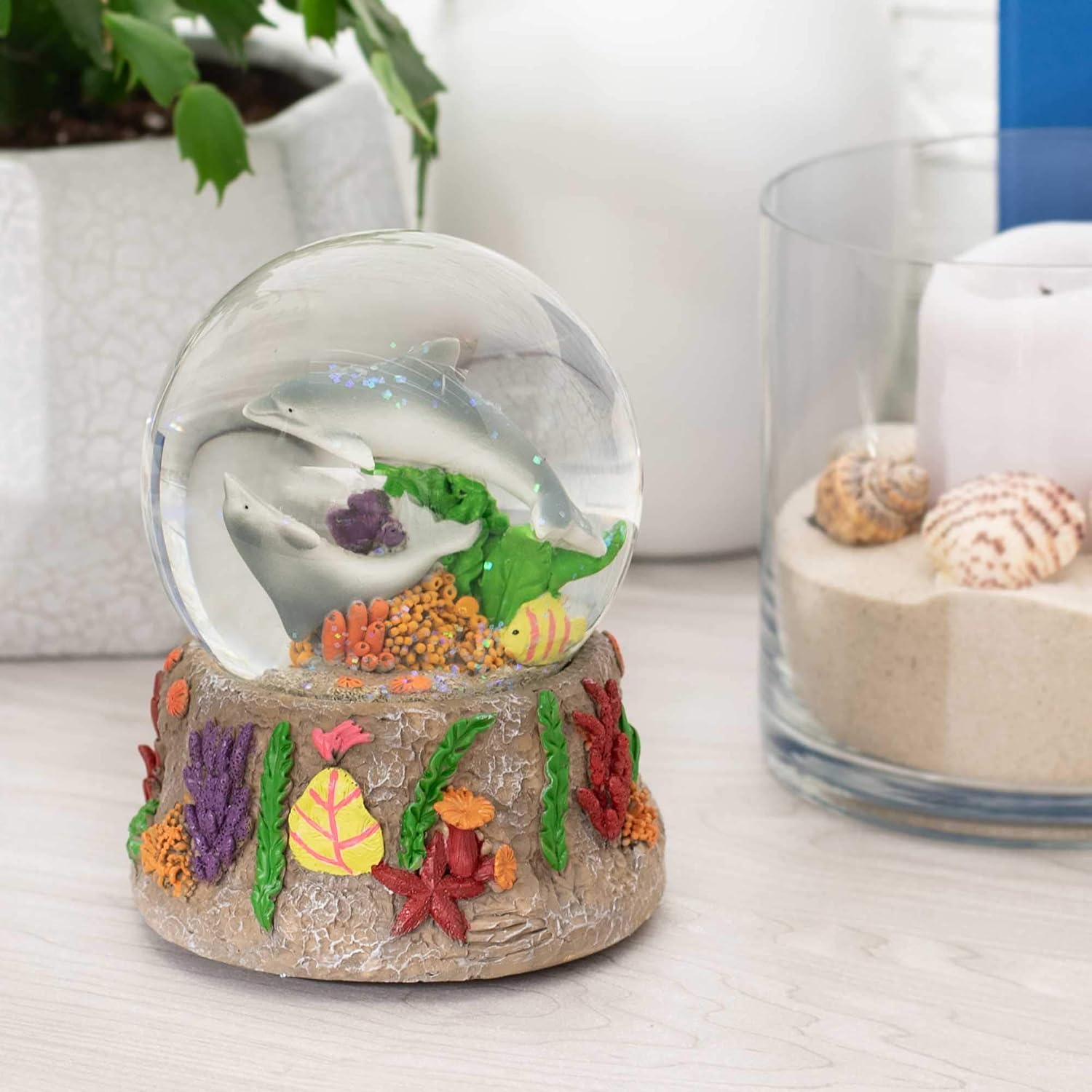 Elanze Designs Dolphins Playing in The Reef Fish Coral Seaweed Mother Daughter Tabletop Figurine 100MM Musical Glitter Water Snow Globe Plays Song by The Beautiful Sea