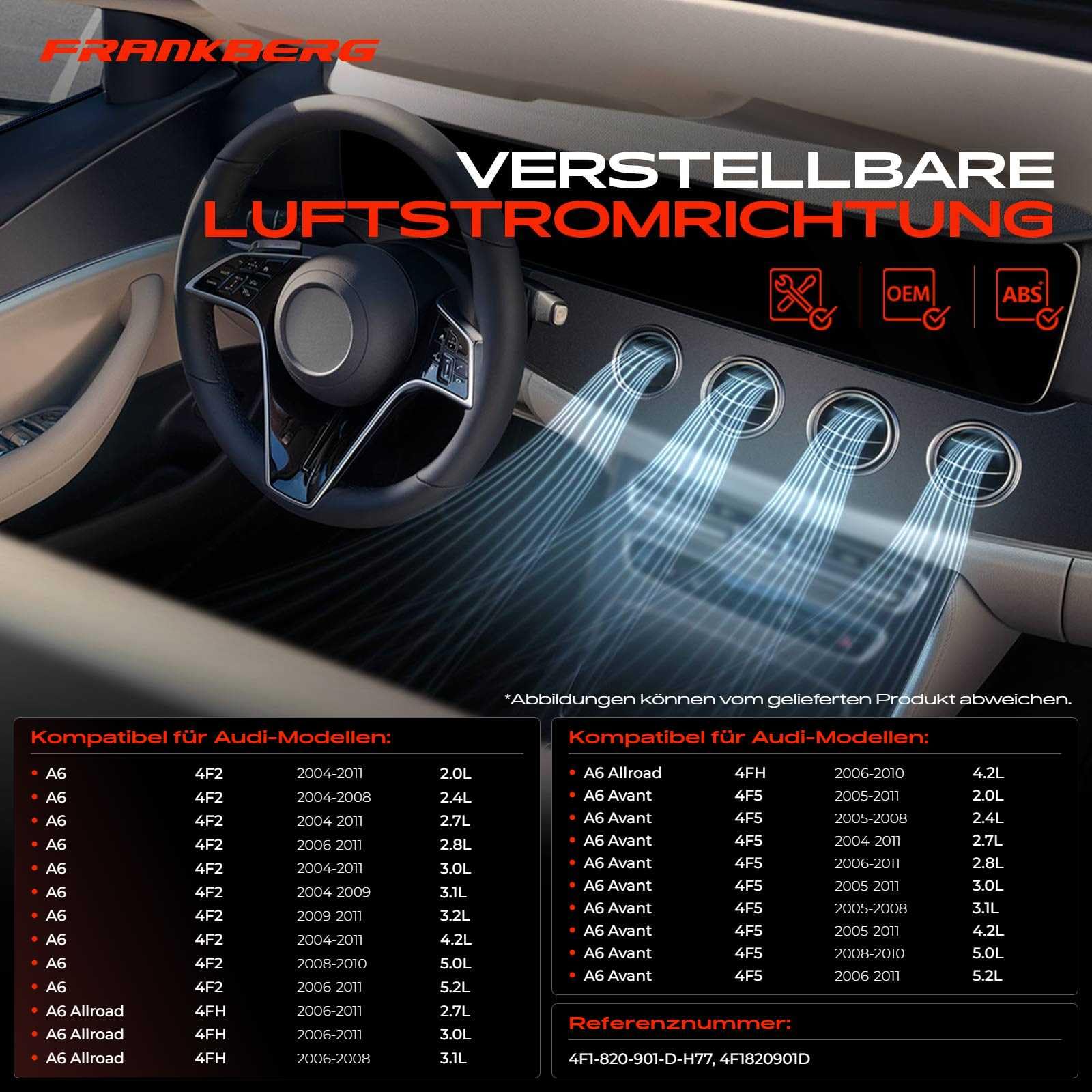Frankberg Bocchetta dell'aria Diffusore dell'aria Uscita dell'aria Anteriore sinistro Compatibile con A6 Allroad 4FH A6 Avant 4F5 A6 Replace# 4F1820901D