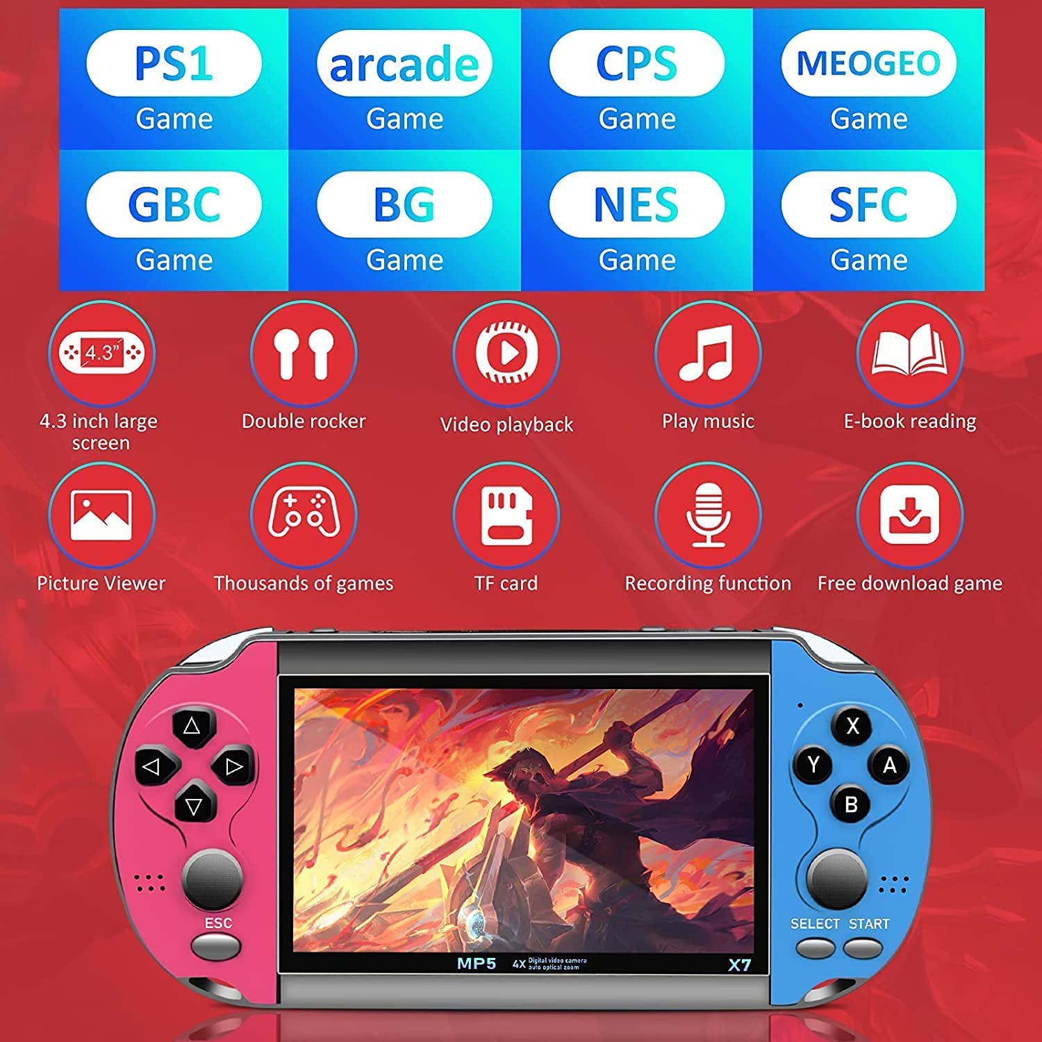 Consola De Juegos Portátil De Mano, 10000 Juegos De Video Retro FC Integrados, Pantalla LCD De 4,3 Pulgadas, Recreación Familiar, NES/GB/GBC/GBA/MD/PS1, Compatible con MP4/Txtciños