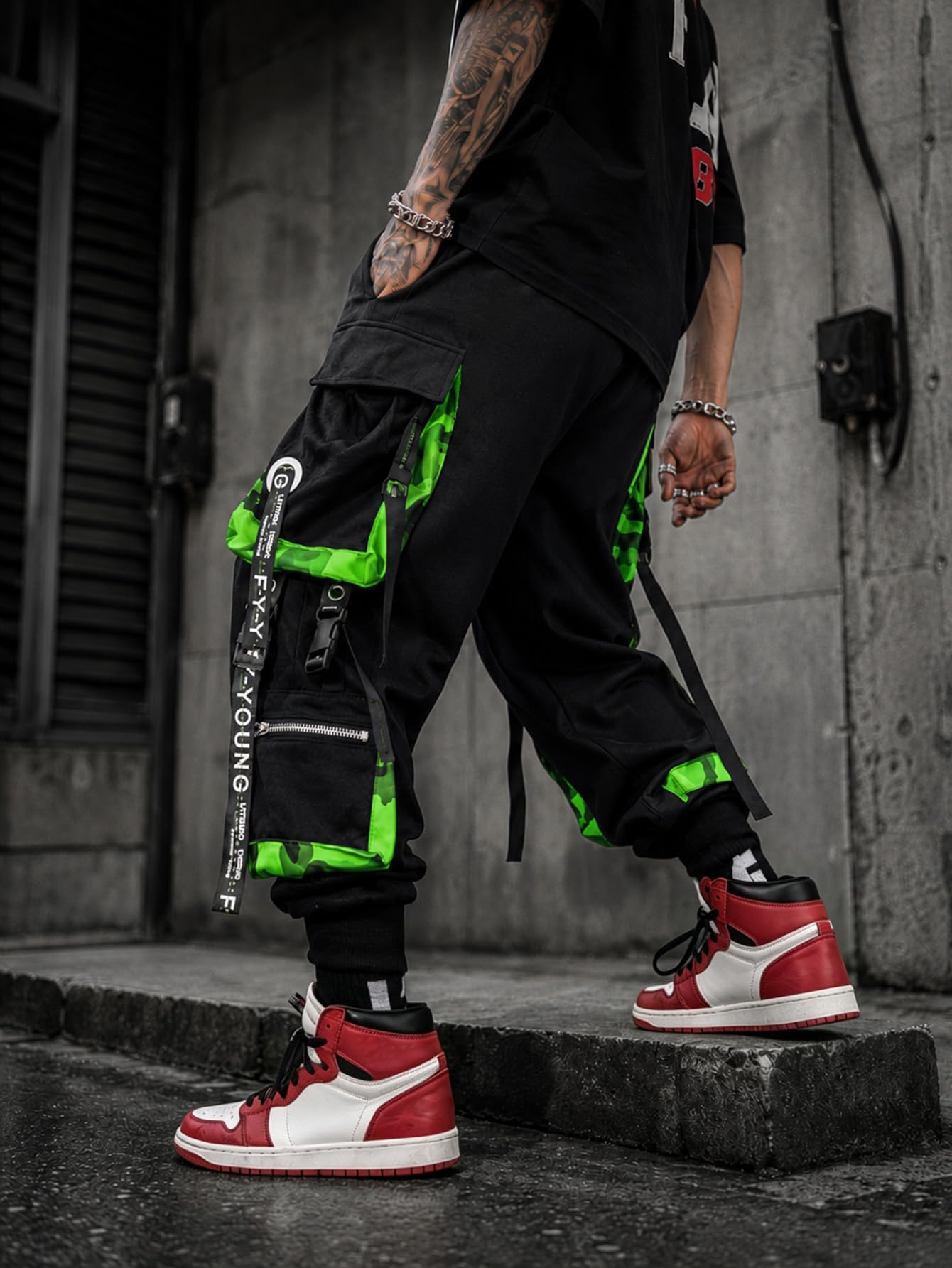 Hello MrLin Jogginghose für Herren, Punk, Cargohose, Baggy, Techwear, Hip-Hop, Haremshose, Streetwear, Taktische Trainingshose, schwarz und grün, Klein
