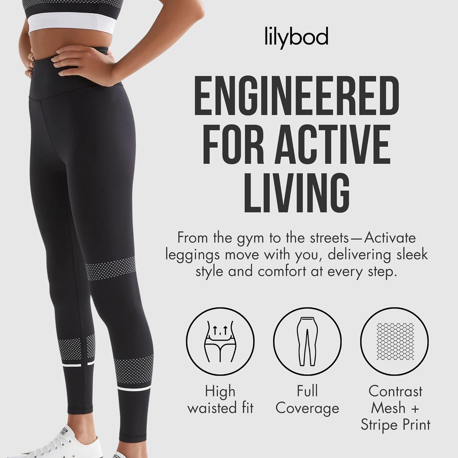 Lilybod Activate Full‑Length Legging – High‑Waisted 4‑Way Stretch, Minimal Seaming & Mesh Contrast Stripe