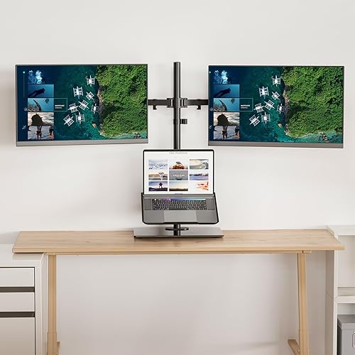 Miniatura 8 de WALI Soporte para monitor doble con soporte para laptop, soporte de altura ajustable para computadora portátil, se adapta a monitores de hasta 27