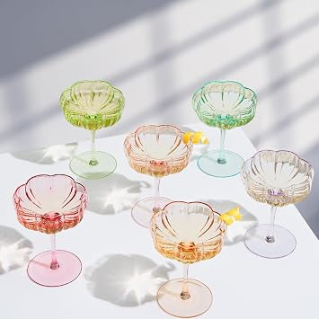 Khen Flower Vintage Wavy Glass Coupes Martini, Champagne & Cocktail Coupes - Set of 6-7oz Colorful Cocktail Glasses & Champagne, Prosecco, Mimosa Glassware Copyright Design - Bright Colors