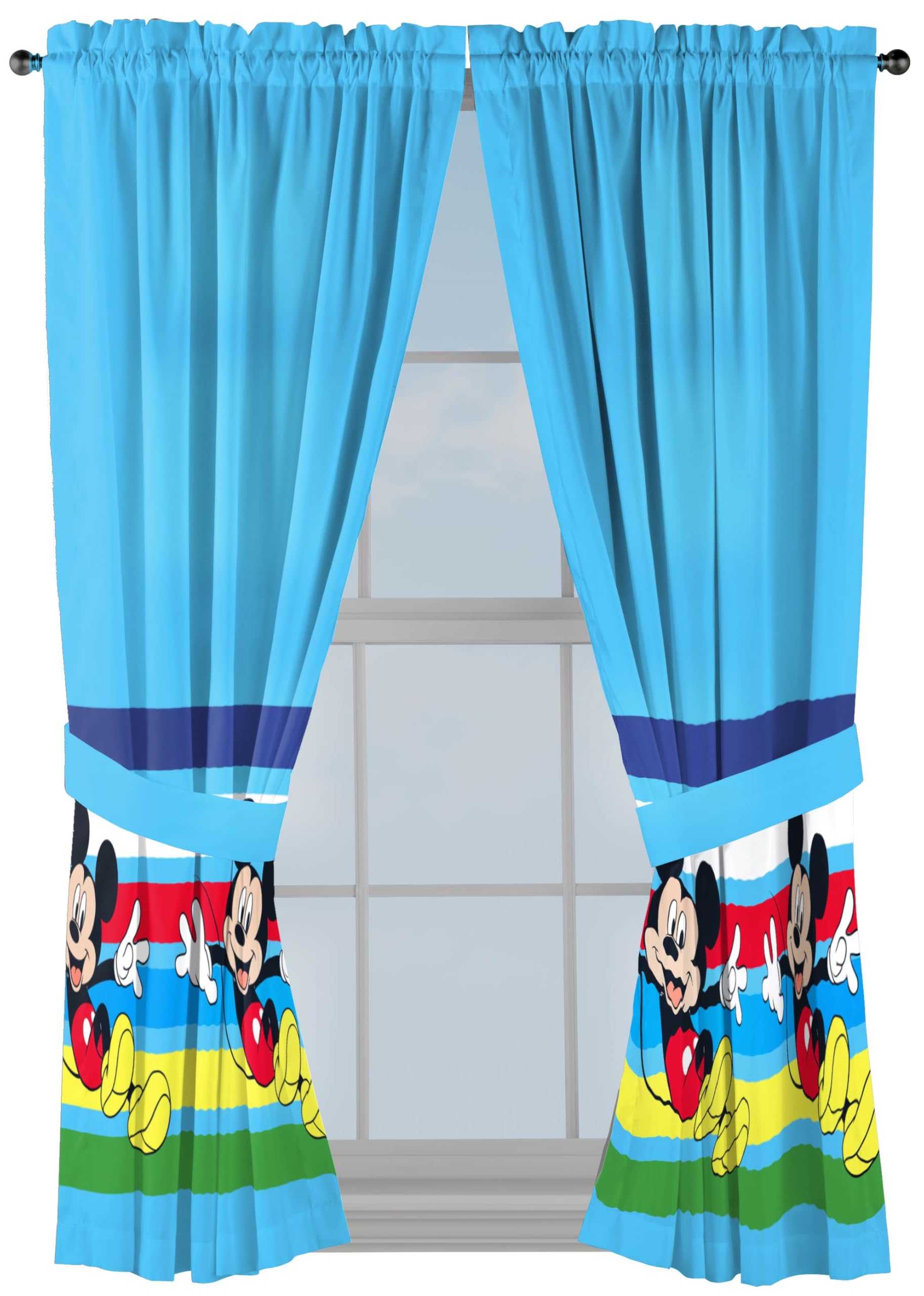 Sunny Side Up Window Curtains for Kids Bedroom 4-Piece Drape Set with 2 Tiebacks, Blue - Mickey Mouse, 42" W x 63" L (Pack of 2)