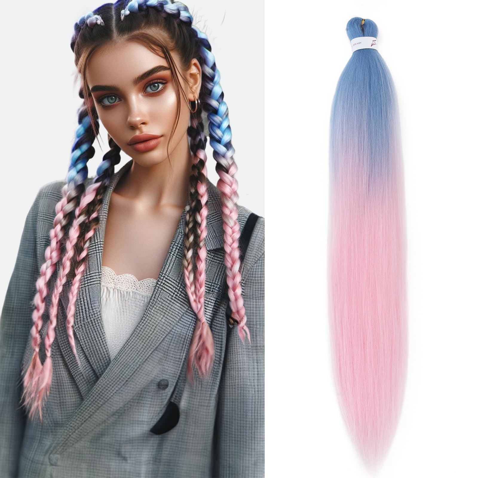 Silk-co Braiding Hair Extension Pre Stretched Professional Easy Braiding Hot Water Setting Yaki Synthetic 26" 90g Blue to Pink