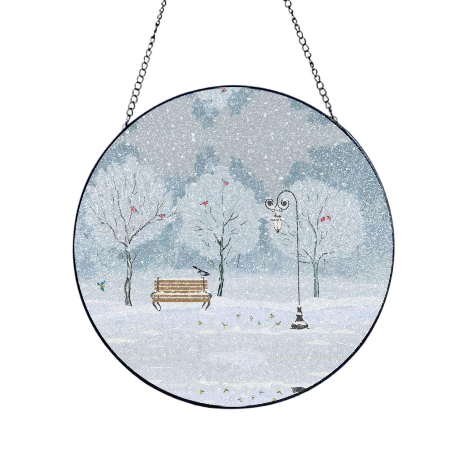 Poezjzw Stained Glass Window Hanging - Birds In The Park On A Snowy Day Sun Catcher For Door Garden Home Decor Christmas Mother'S Day Birthday Gifts 6in（15cm）
