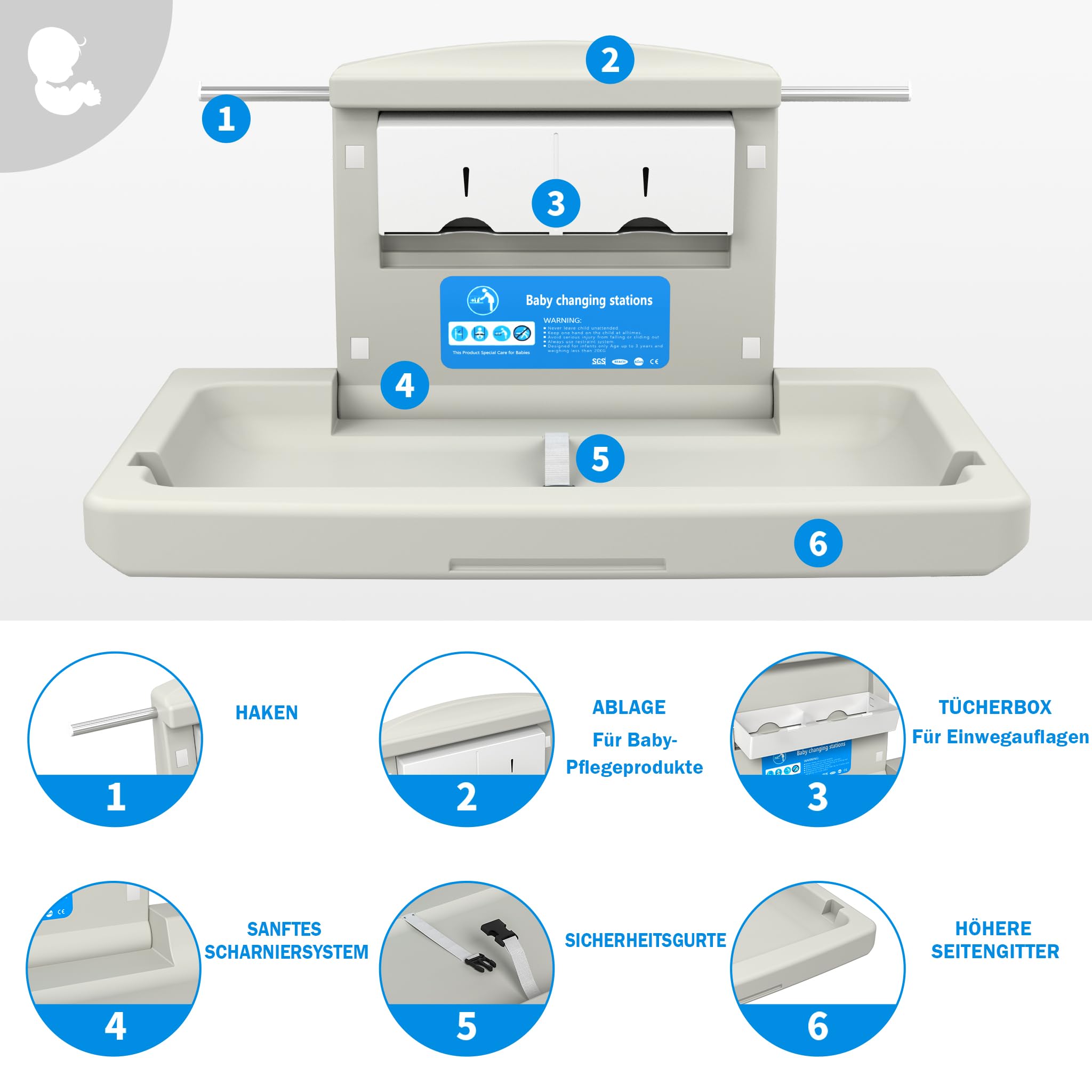 Wickelkommode Wandmontierter HDPE, Baby Mobiler Wickeltisch klappbar mit Sicherheitsgurt, Ablagefächer, Haken, 85x57x47 cm für Zuhause Einkaufszentrum, Gewichtskapazität 33 lbs/ 15kg