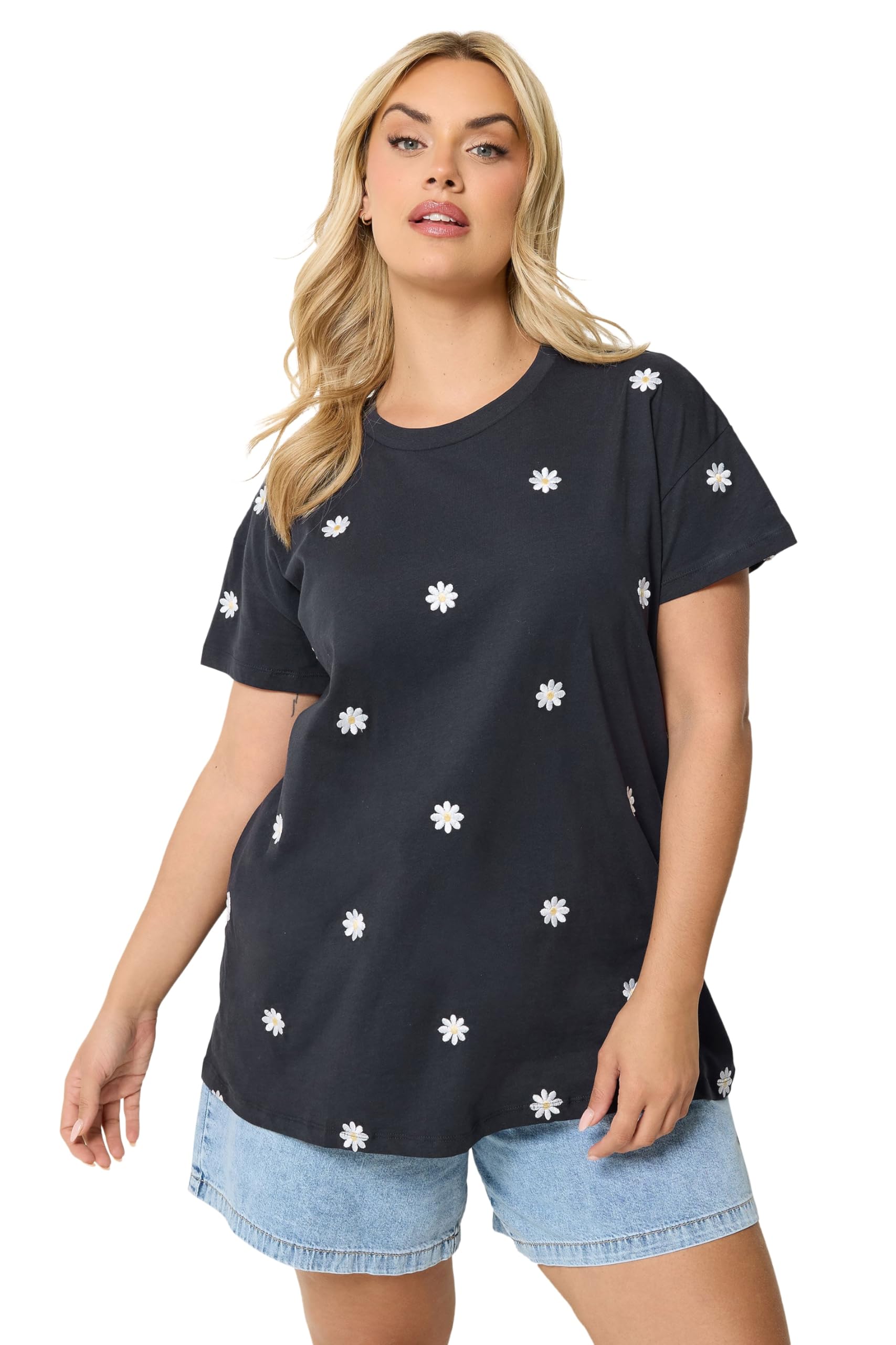 Yours Women's Dark Navy Embroidered Daisy T-Shirt In | Size: 26-28