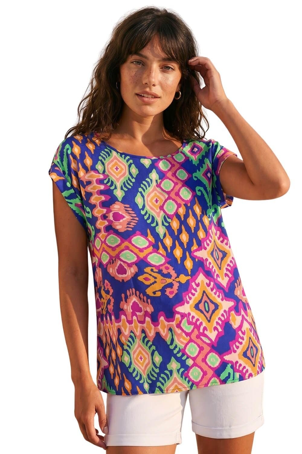 Roman Originals Women's Blue Aztec T-Shirt For Uk - Tee Shirt Summer Top Holiday Day Causal Short Sleeve Blouses Round Crew Boat Neck Lightweight - Size 20