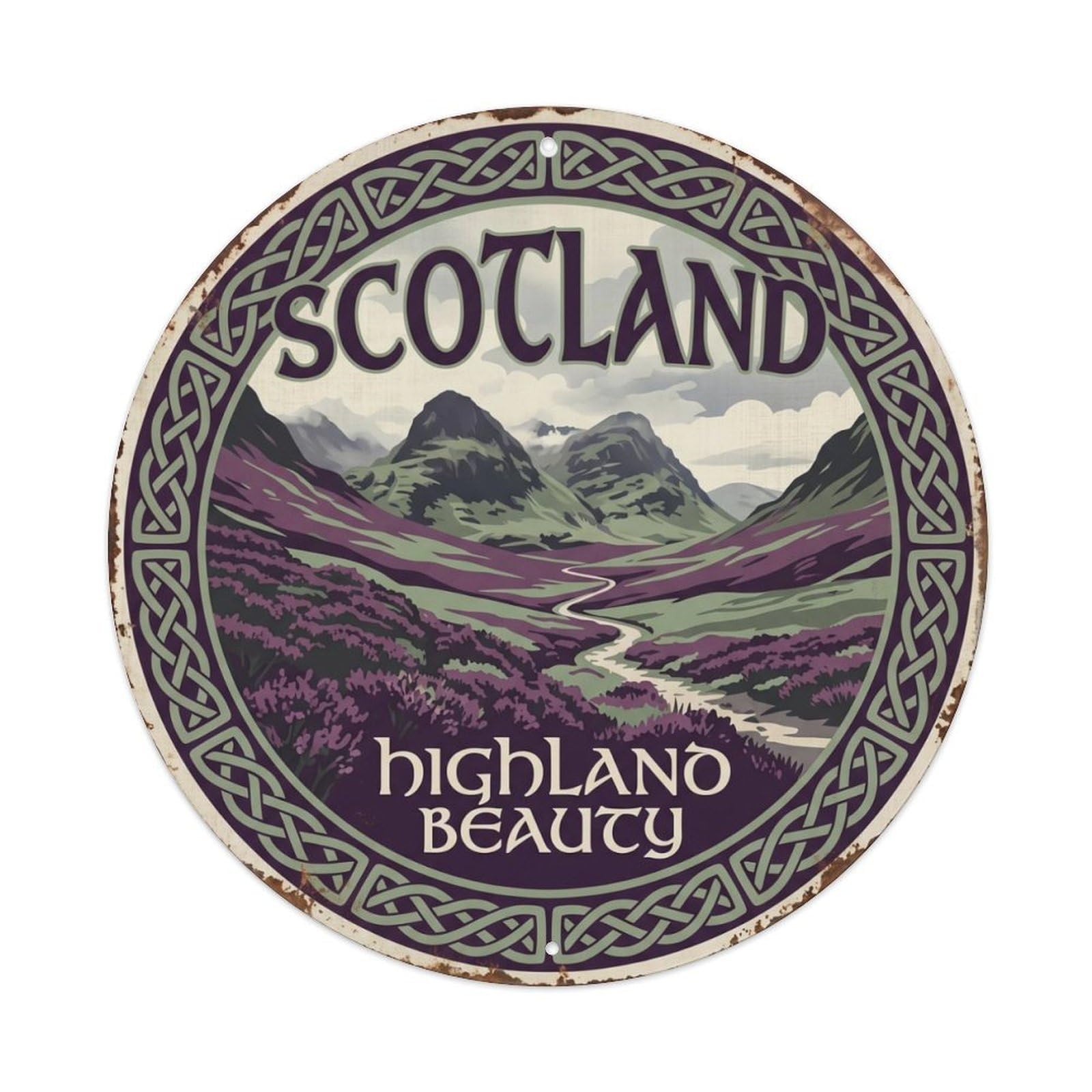 Vintage Travel Scottish Highlands Heather Metal Tin Sign Plaque Wall Decor for Cafe, Club Bar, Office, Home Garden Round Metal Poster 8x8Inch
