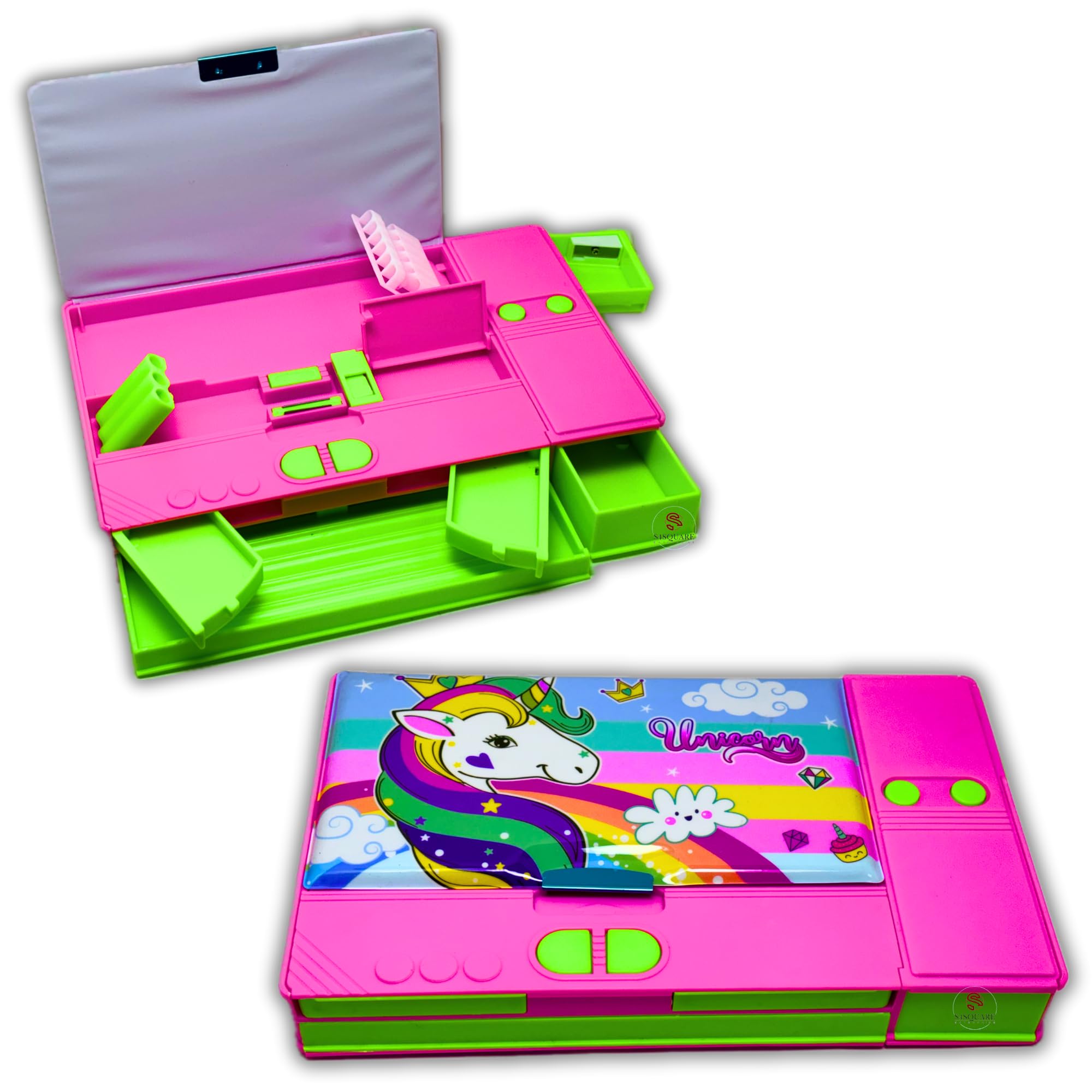 S4SQUARE ENTERPRISE Plastic Unicorn Jumbo Button Pencil Box for Girls Multifunctional Pencil Case Double Sided Magnetic Pencil Box for Kids School Supply, Pink