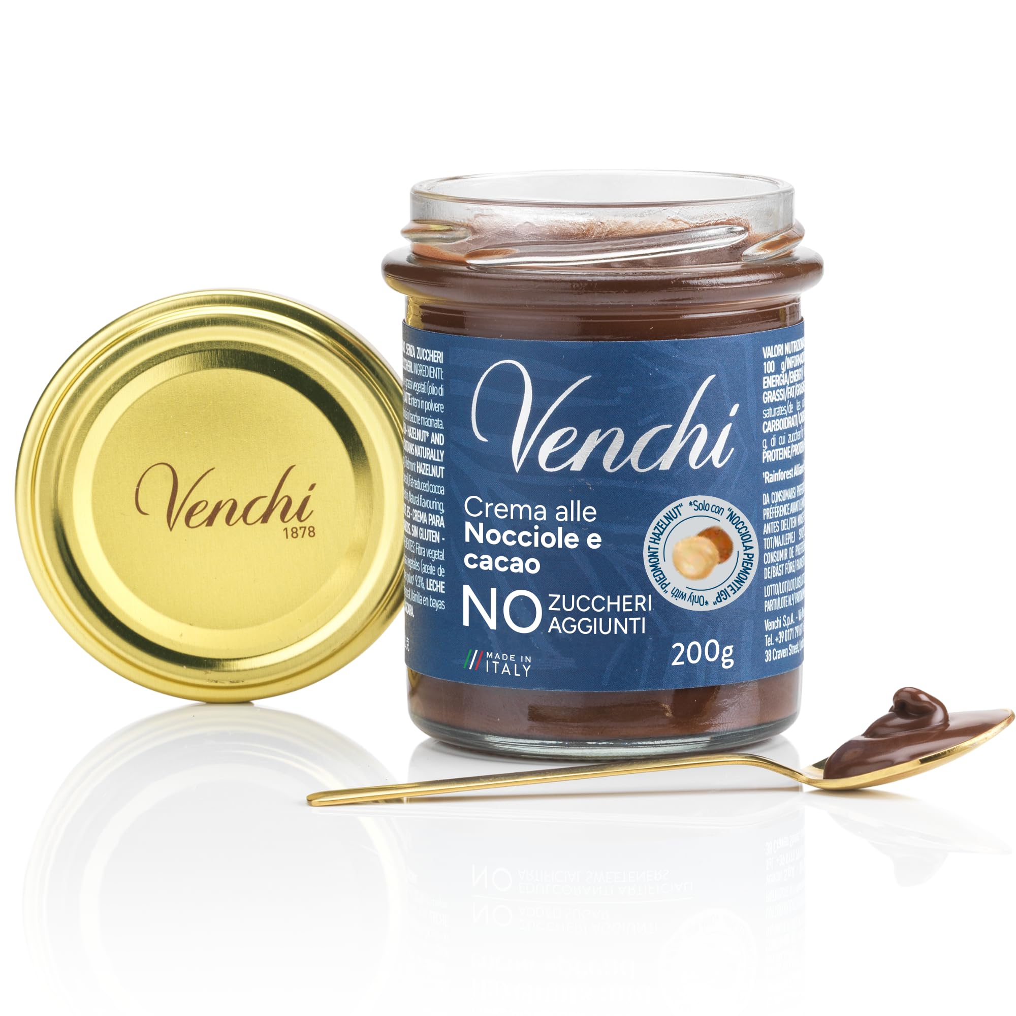 Venchi - Crema Spalmabile Cacao e Nocciola NO Zuccheri Aggiunti, 200 g - NO Edulcoranti Artificiali - Con "Nocciola Piemonte IGP" - Senza Glutine - 1