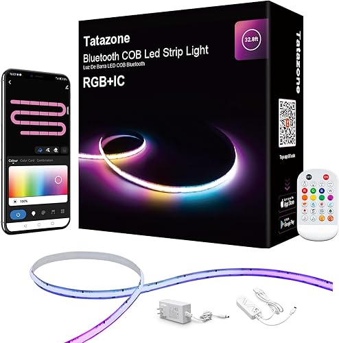 Tira de luz LED COB Bluetooth RGB+IC de 32.8 pies con aplicación, tira de luz COB de persecución, control segmentado, sincronización de música,