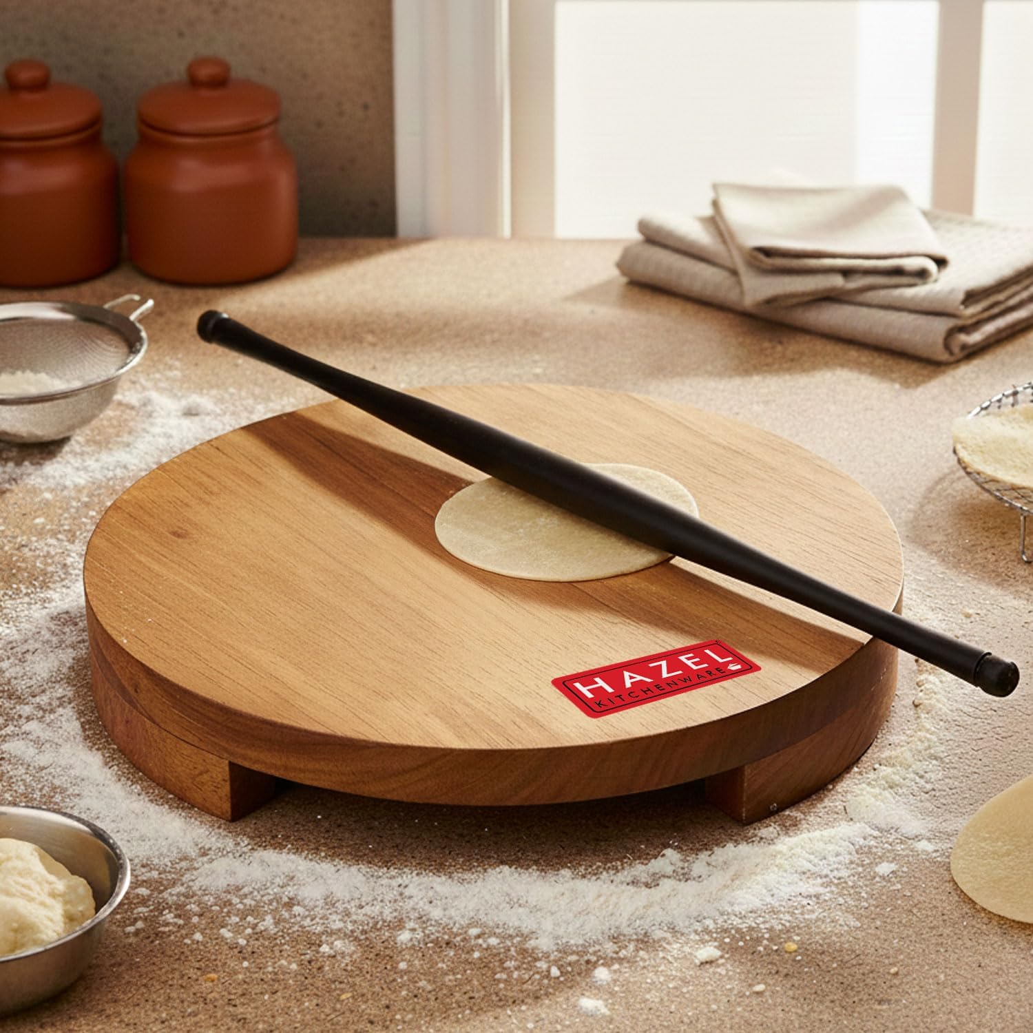 HAZEL Sagwan Polpat Chakla Roti Chapati Maker 24 cm with Sheesham Roti Roller Belan Rolling Pin 42 cm
