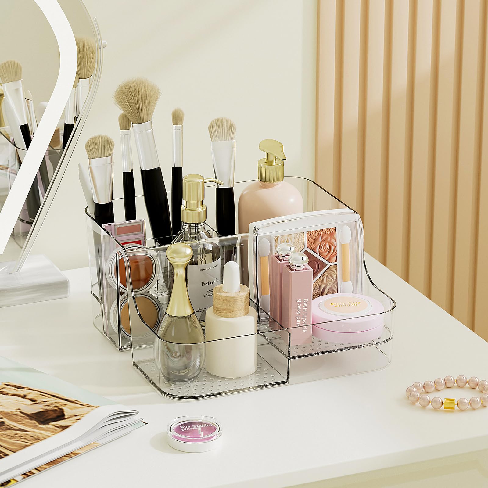 APLOP Clear Makeup Organizer Countertop – 6 Compartments Cosmetic, Jewelry, Skincare & Perfume Organizer, Vanity and Bathroom Counter Organizer, Multi-Use Makeup Brush Holder