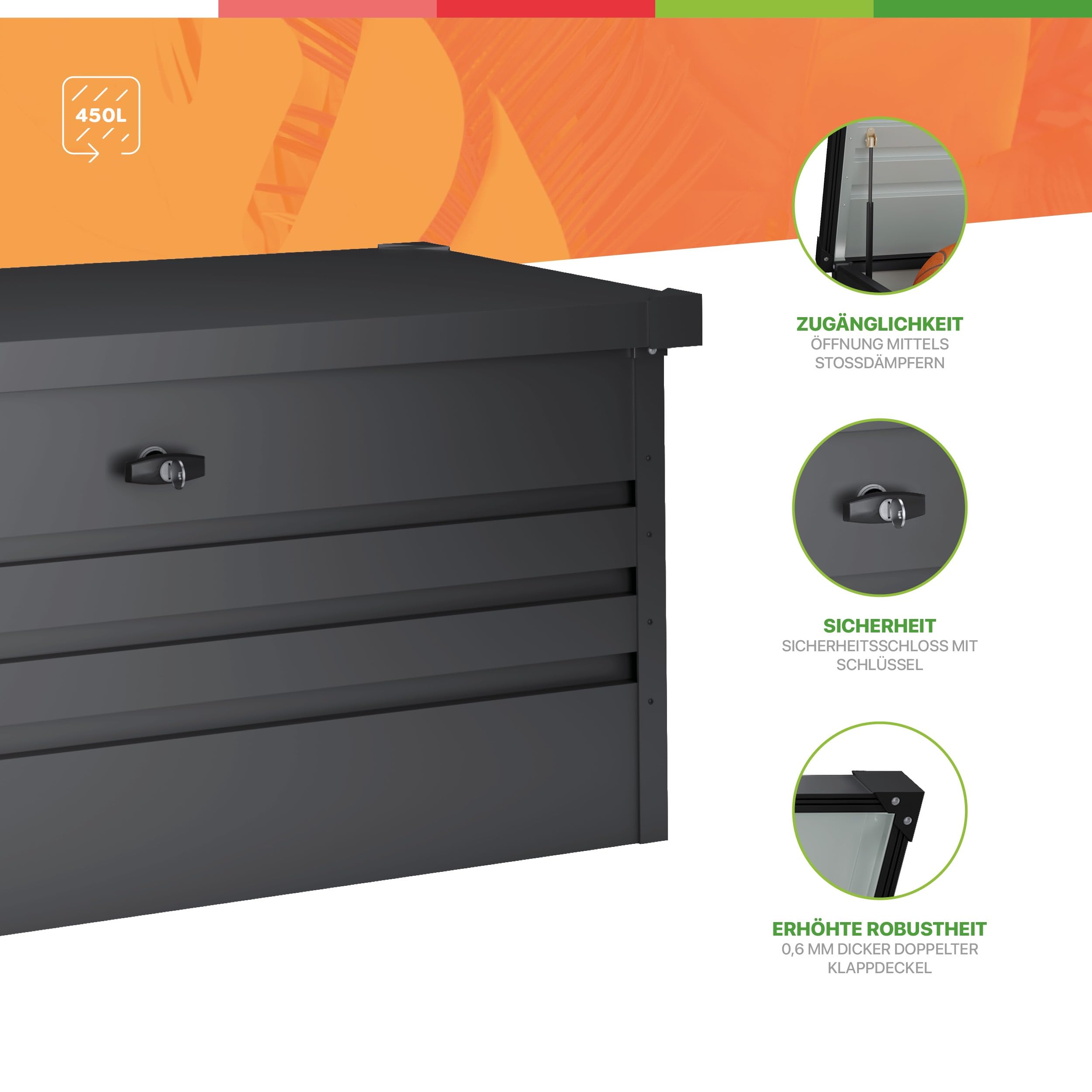 Hoggar - Gartenbox Metall XL 450 Liter - Robuste Stärke 0,40mm – Wetterfest Outdoor - Schlüssel enthalten - Klappbarer Deckel - Inklusive Boden - Gartentruhe Wasserdicht - 120x61x62cm