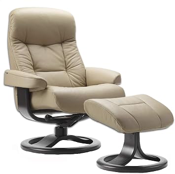 Muldal Large Leather Ergonomic Swivel Recliner Chair with Ottoman in Sandel NL 121 Nordic Line Leather with a Charcoal Wood Stain Base