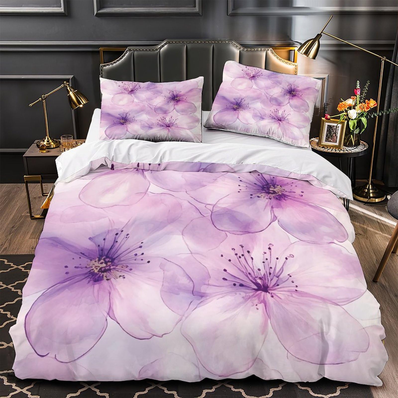 Housse de couette lavable machine ultra résistante qui ne décolore pas fleurs violettes 3D