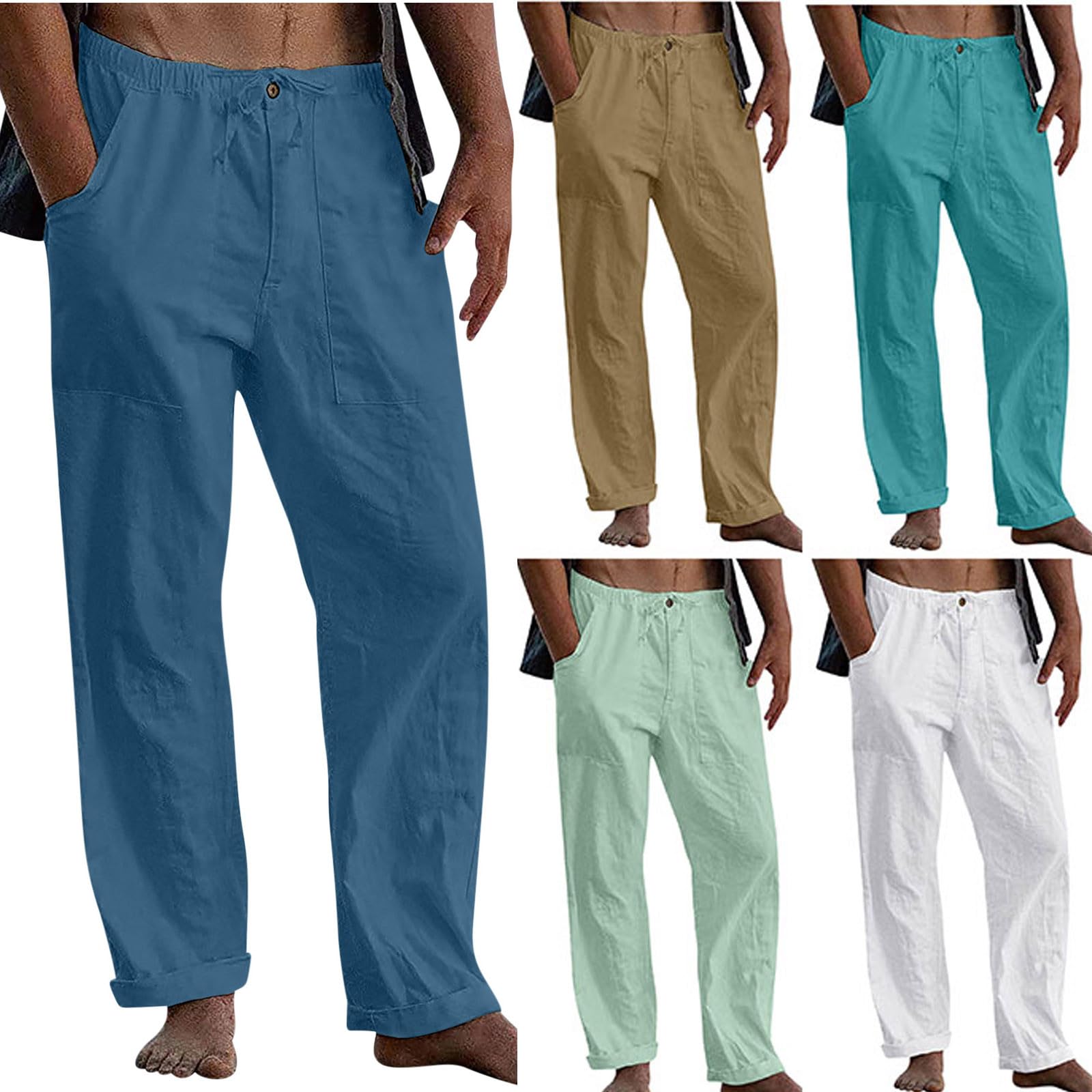 Pantalon Lin Homme Taille Elastique Tendance 2025 Pantalons Hommes Lin Et Coton Décontracté Pantalon Toile Été Pant Yoga Léger Taille Elastique Coupe Droite avec Cordon de Serrage Vêtement Pas Cher