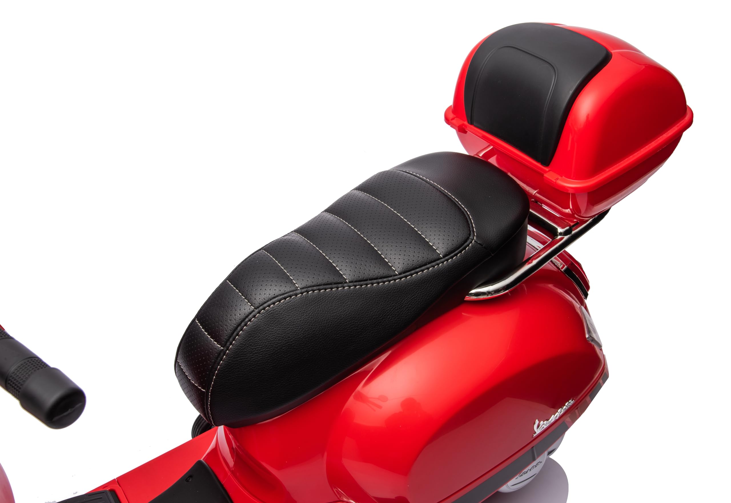 Mondial Toys Moto Elettrica per Bambini 12V con Licenza Ufficiale Vespa Piaggio – Modello GTS Super, Luci LED, MP3, Sedile in Pelle, Bauletto – Rosso