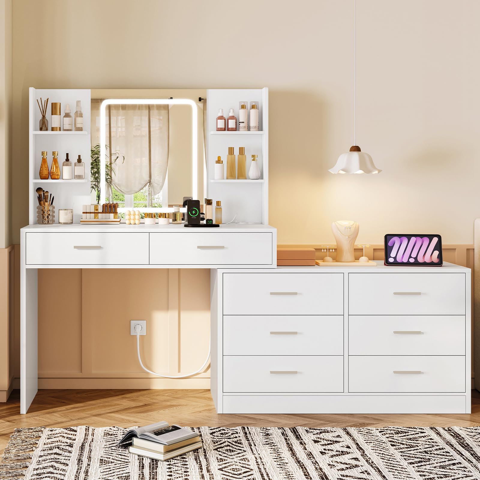 Toeletta da Trucco con Luci LED, 3 Colori e Luminosità Regolabile, Postazione Trucco con Prese, Bianco, 8 Cassetti e 6 Ripiani