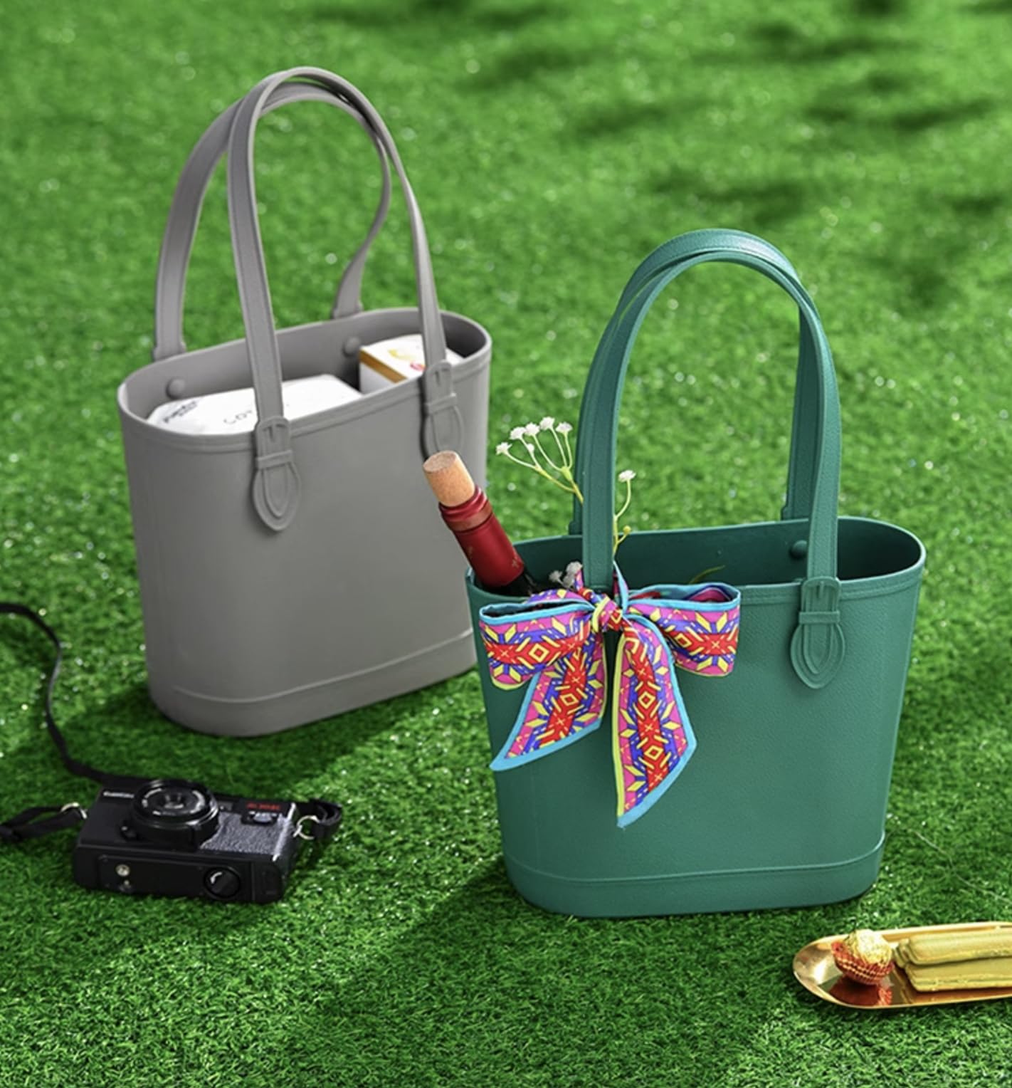 HOMIES Women's Shoulder Bag Basket | Beach Bag Plastic Tote | Imitation Leather | Waterproof Large Tote Bag with Handles for Beach, Pool Boat, Groceries, Sports | Large (Grey)-image-32